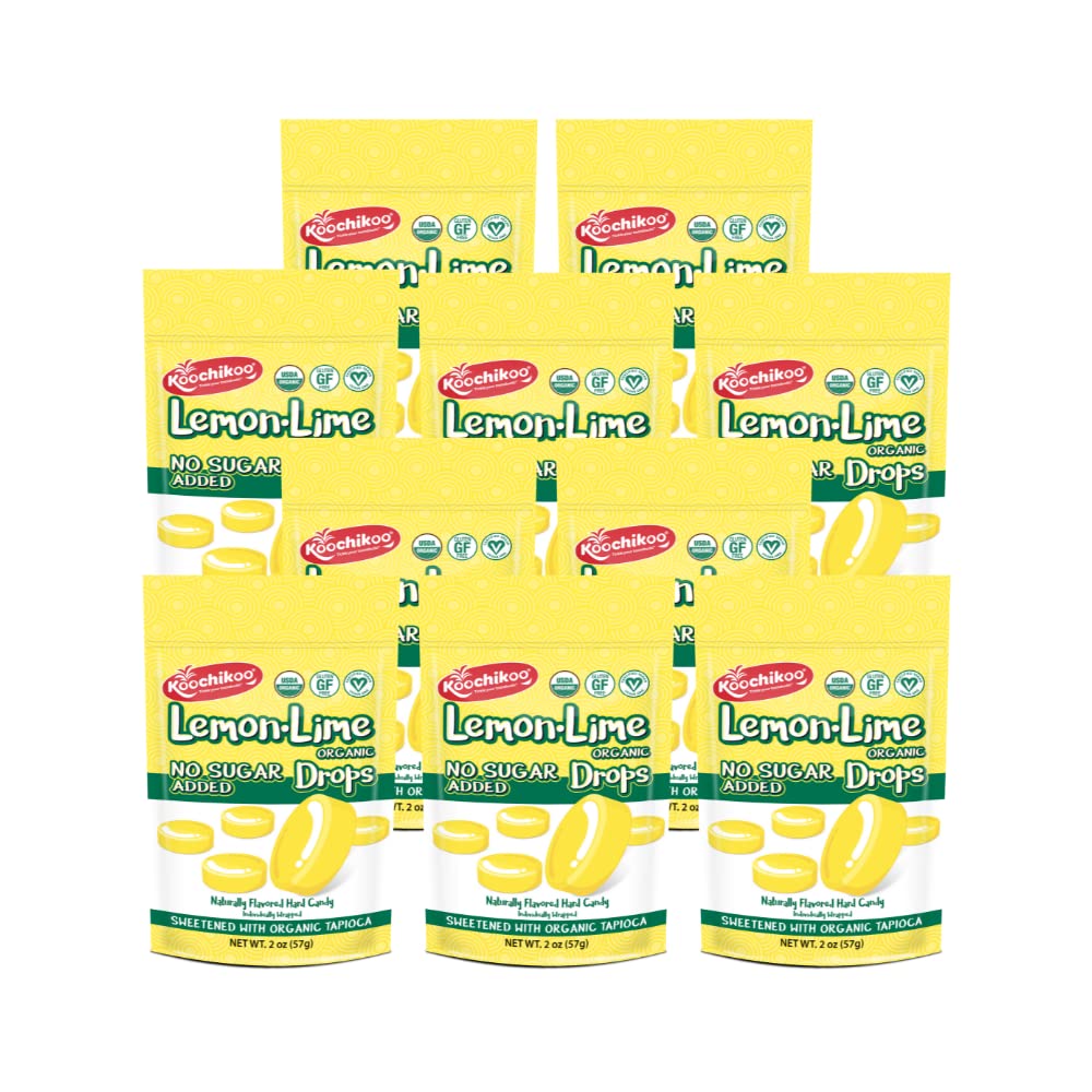 Organic Vegan Sugar-Free Lemon Lime Hard Candy Drops by Koochikoo - 16 Individually Wrapped Pieces per Pouch (2oz Pack of 10) | Perfect for Office Snacks, Travel Treats & Healthy Dessert Alternatives