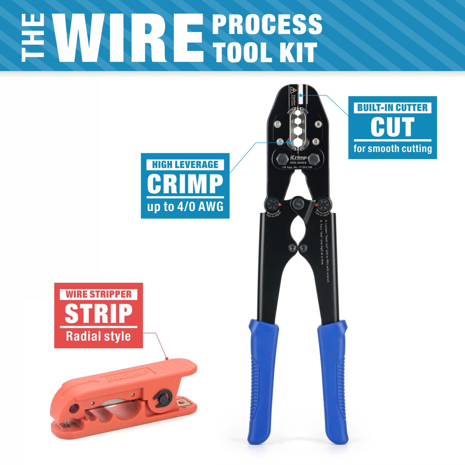 Professional iCrimp Battery Cable Lug Crimper Kit for 8-4/0 AWG Copper Terminals - Heavy Duty Crimping Tool with Wire Stripper for Battery Cables, Ring Terminals & Splices - Perfect for Automotive, Marine & Solar Power Installations