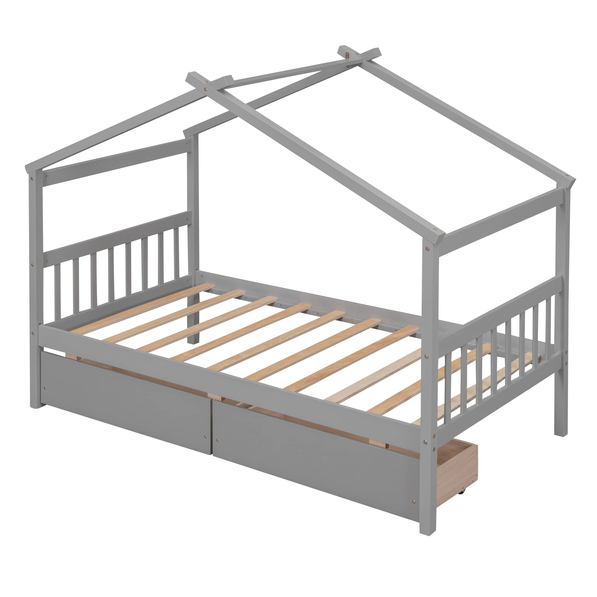 Harper & Bright Designs Twin Size Wooden House Bed for Kids with Storage Drawers - Sturdy Kids Bed Frame with Roof Design for Boys & Girls, Grey - Perfect for Bedrooms, Playrooms & Kids' Sleepovers