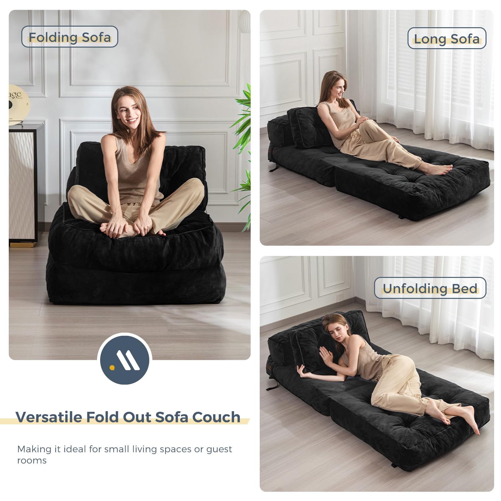 MAXYOYO Velvet Convertible Sleeper Sofa Bed - Foldable Futon Chair with Pillow for Small Spaces, Guest Room & Apartment - Portable Fold Out Bed in Black - Perfect for Living Room, Studio & Dorm