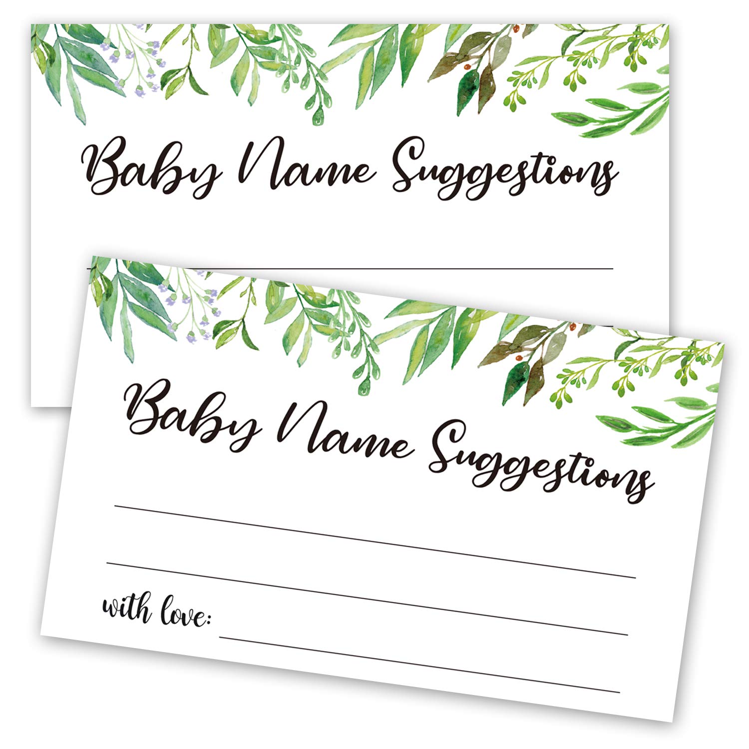 50 Baby Shower Name Suggestion Cards - Greenery-Themed Baby Name Game Cards for Gender Reveal & Baby Shower Parties - 3.5