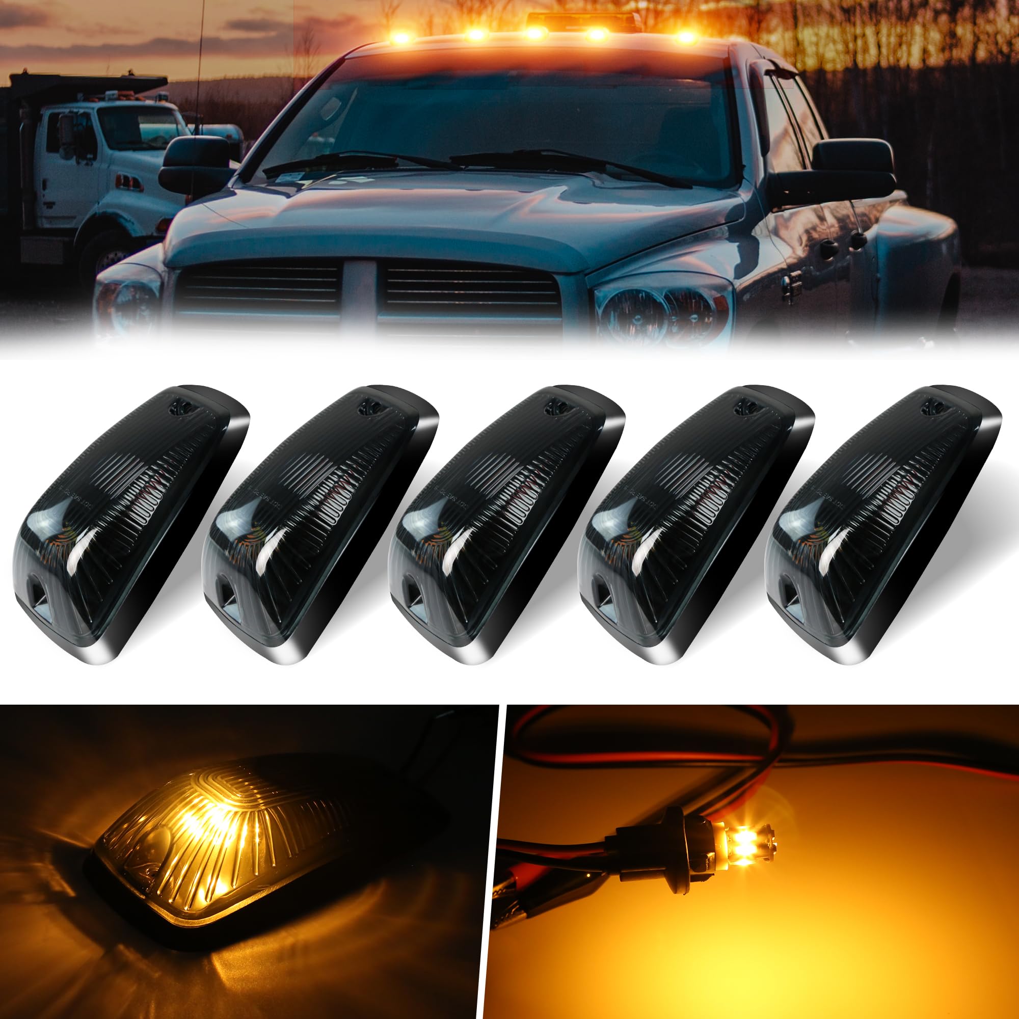 **12V Smoked Lens Amber LED Roof Cab Marker Lights for Ford F250 F450 F550 (1999-2016) - Clearance Running Lights for Super Duty Pickup Trucks - Ideal for Night Driving & Off-Road Adventures**