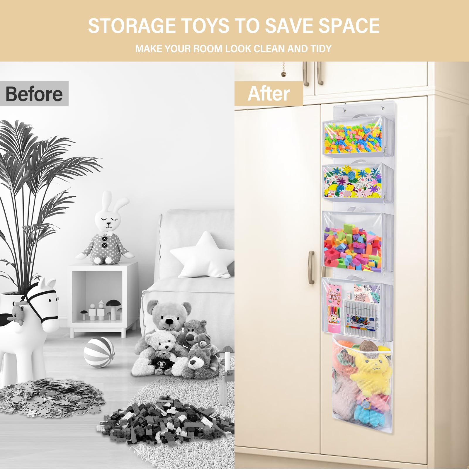 Over Door Organizer with 4 Clear Removable Pouches - Hanging Toy Storage for Stuffed Animals, Building Blocks & Puzzles - Kids Room & Playroom Closet Organization Solution - Perfect for Nursery, Daycare & Home Organization