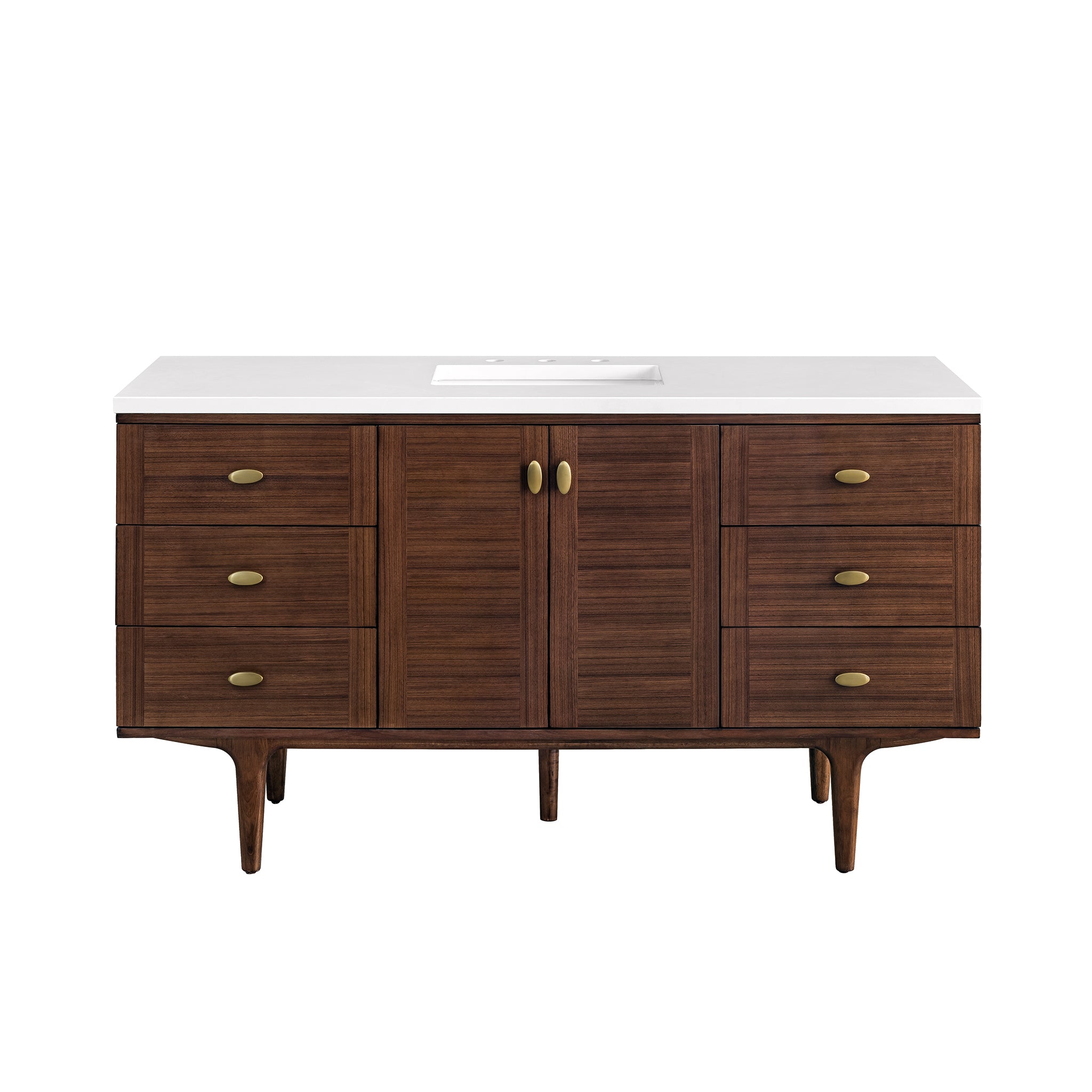Amberly 60 Inch Single Bathroom Vanity - Mid Century Modern Walnut Wood with 3CM White Zeus Quartz Countertop | Perfect for Small Bathroom Remodel & Vintage Home Decor