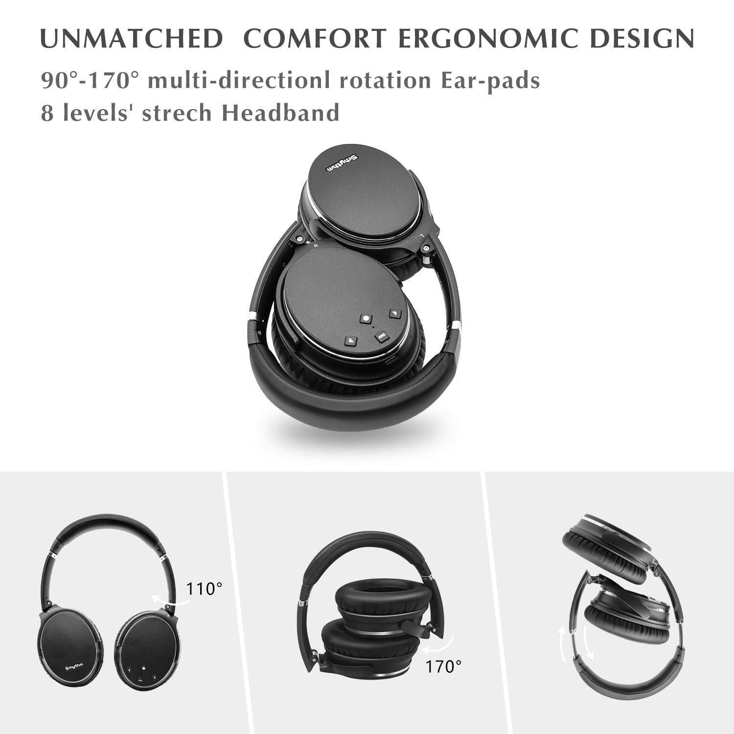 Srhythm NC35 Active Noise Cancelling Wireless Bluetooth 5.0 Headphones - Over-Ear Foldable Design with Built-in Mic, 50+ Hours Playtime, Multi-Point Connection for Calls | Perfect for Travel, Work & Gaming