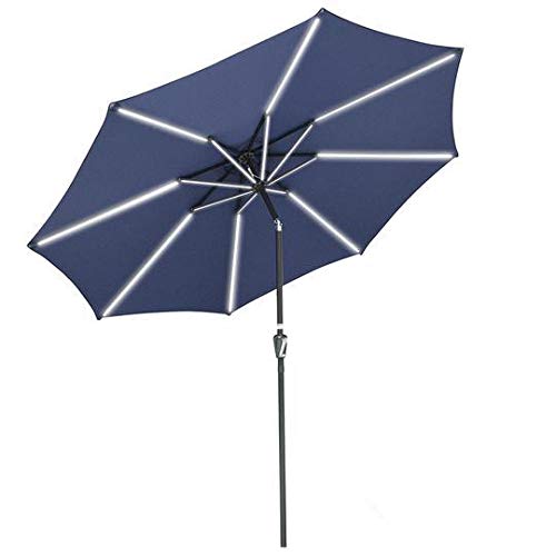 Solar Powered LED Patio Umbrella 9ft with Tilt System - Navy Blue Outdoor Market Umbrella for Poolside, Garden & Backyard Dining (8 Ribs)
