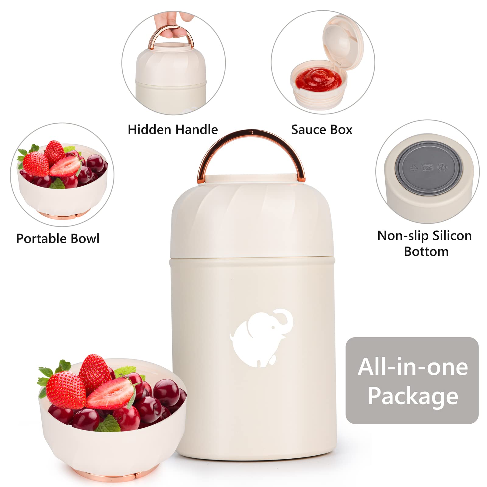 **Insulated Food Thermos for Hot Meals - Leak-Proof Wide Mouth Soup Container with Foldable Fork & Spoon, Portable Handle for Office, Picnic, Camping & Travel**