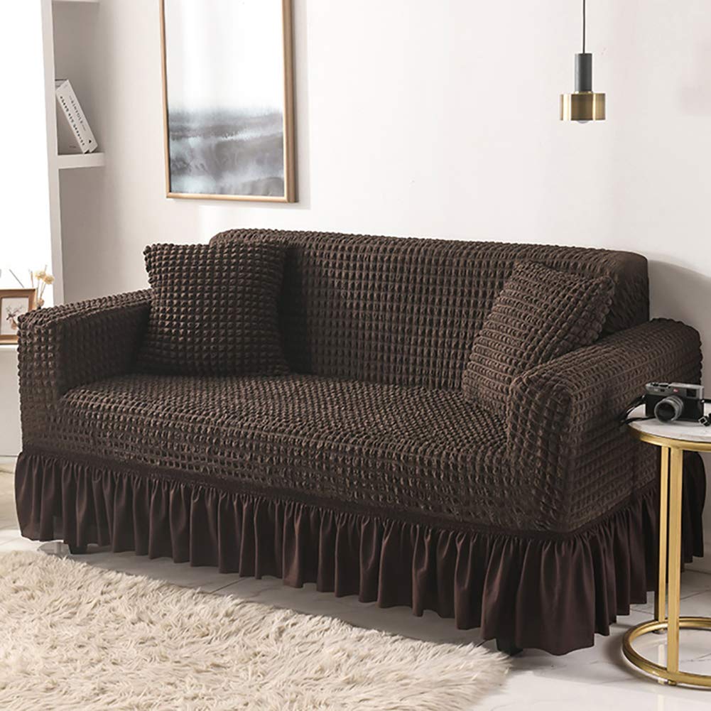 Stretch Sofa Slipcover with Skirt - Popcorn Plaid Jacquard Sofa Cover for 1, 2, 3, 4 Seater Couch - Sectional Couch Cover & Loveseat Protector (Brown, 93-118in) - Perfect for Living Room, Family Room & Home Theater Furniture Protection