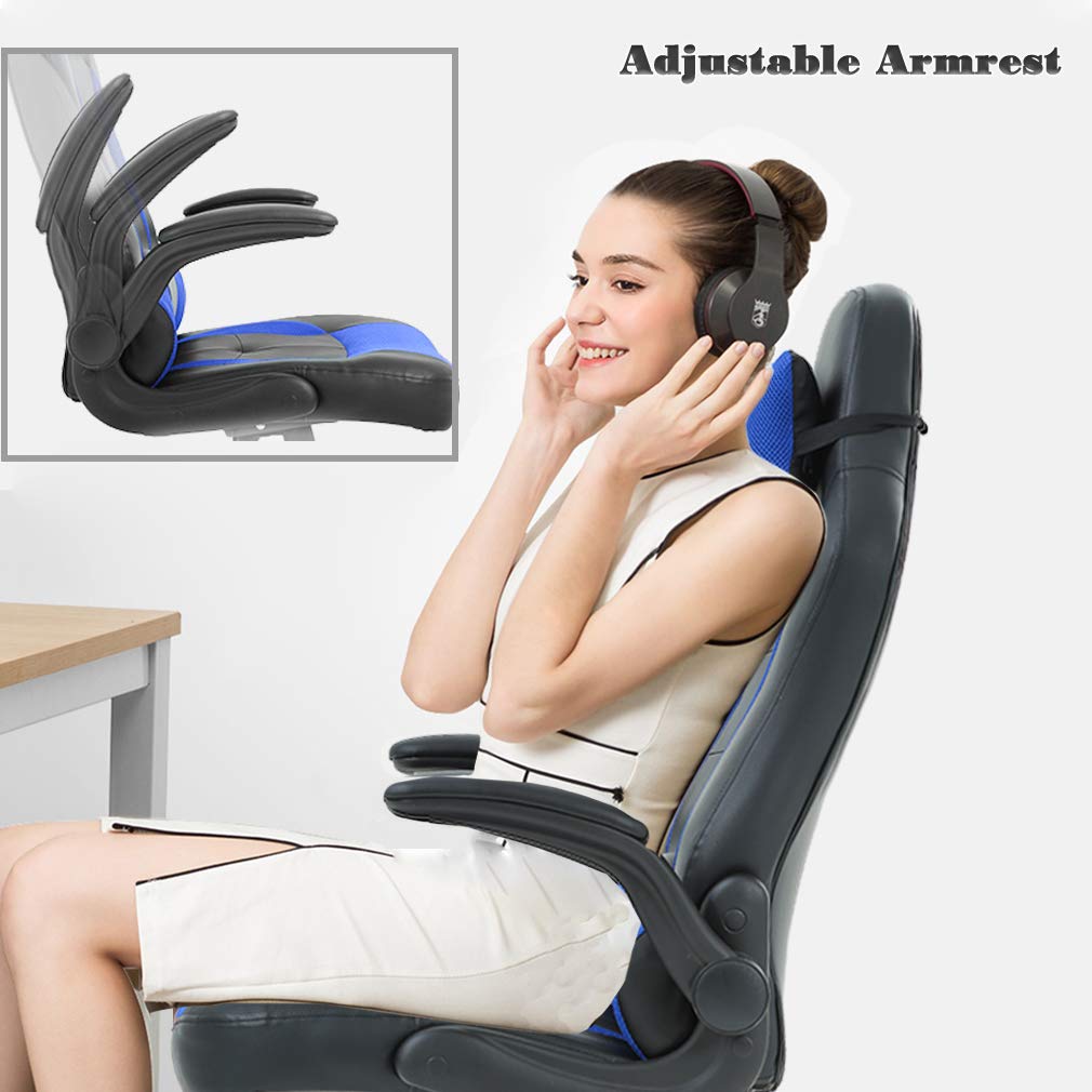 Premium Ergonomic Gaming & Office Chair - High Back PU Leather Racing Chair with Adjustable Lumbar Support, Flip-Up Arms & Headrest - Swivel Rolling Computer Desk Chair for Adults (Blue) - Perfect for Home Office, Gaming Setup & Workstation Comfort