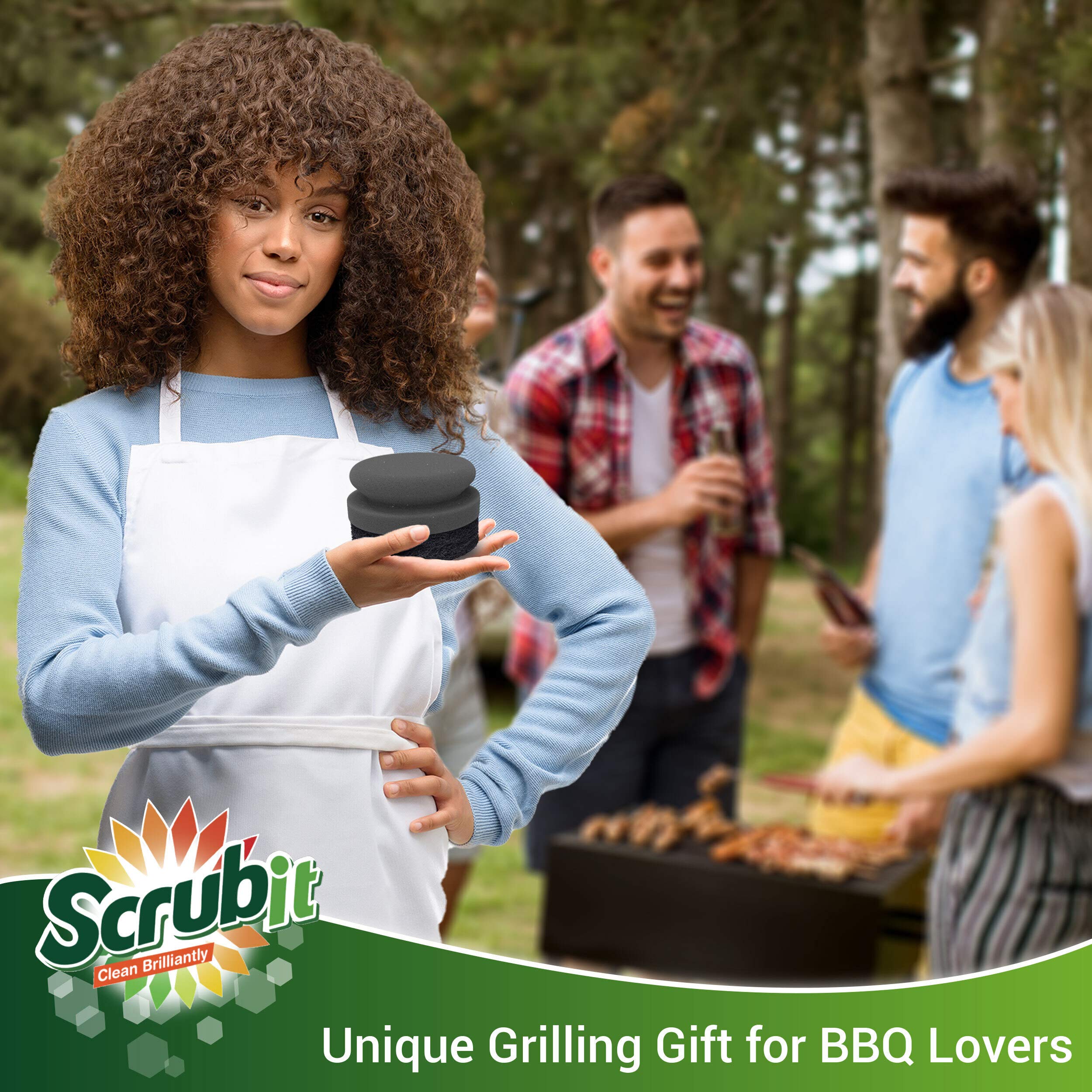 SCRUBIT Grill Cleaning Brush - Heavy Duty BBQ Scrubber with Non-Scratch Sponge & Cast Iron Safe Scraper - Perfect for Gas, Charcoal Grills & Griddles - Outdoor Cooking & Backyard BBQ Accessories (2 Pack)