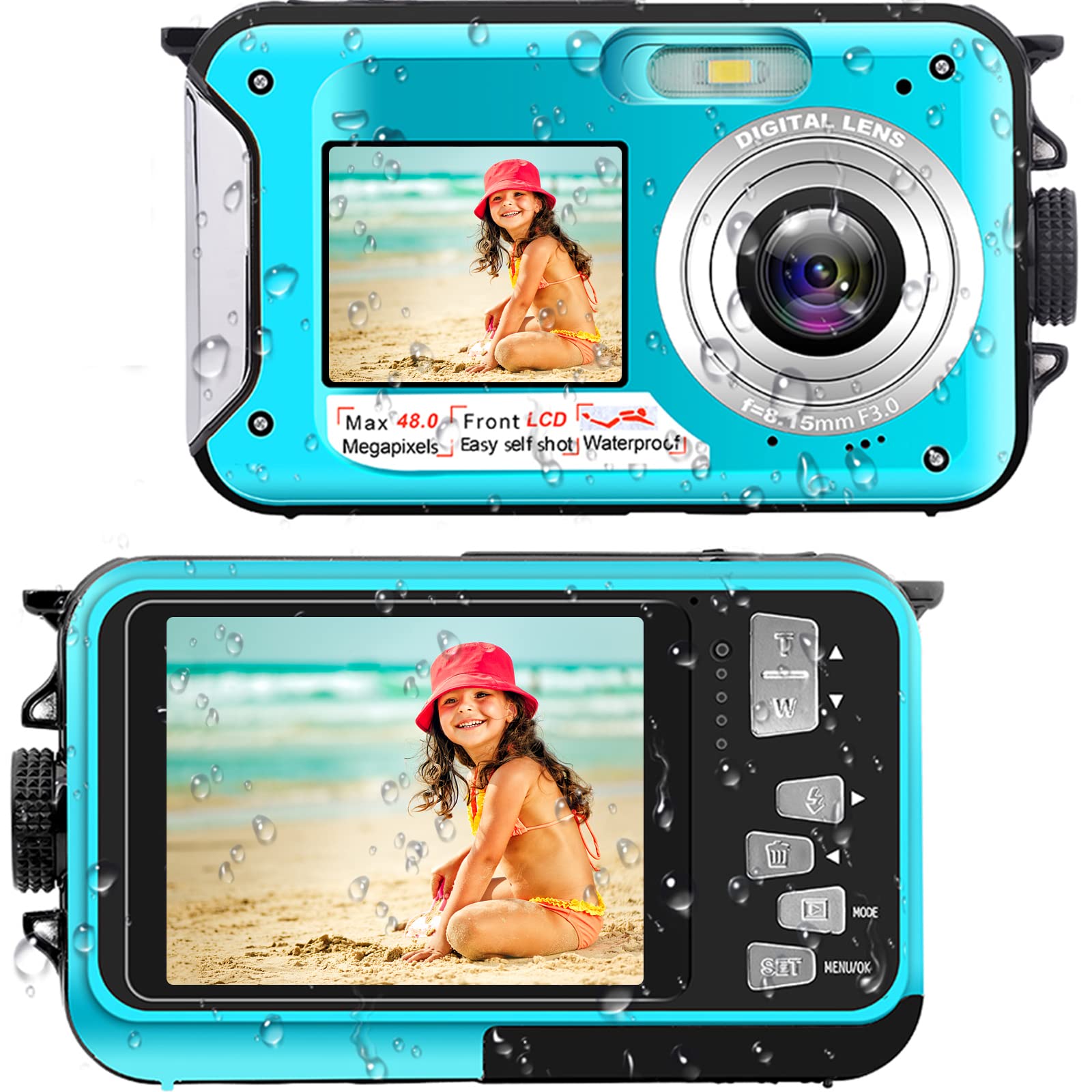 Waterproof Digital Camera 2.7K Full HD 48MP Underwater Camera with Dual Screens - 10FT Waterproof, 16X Zoom for Snorkeling, Diving & Beach Vacations - Perfect for Underwater Photography, Travel Adventures & Family Selfies