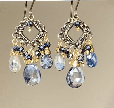 Mystic Blue Quartz Mixed Metal Chandelier Earrings for Women - Elegant Bohemian Statement Jewelry for Parties, Weddings & Special Occasions