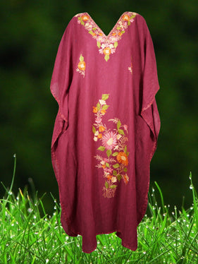 Women's Floral Embroidered Kaftan Maxi Dress - Carmine Pink Boho Beach Cover Up - Size L to 2XL - Perfect for Summer Vacations, Pool Parties & Resort Wear