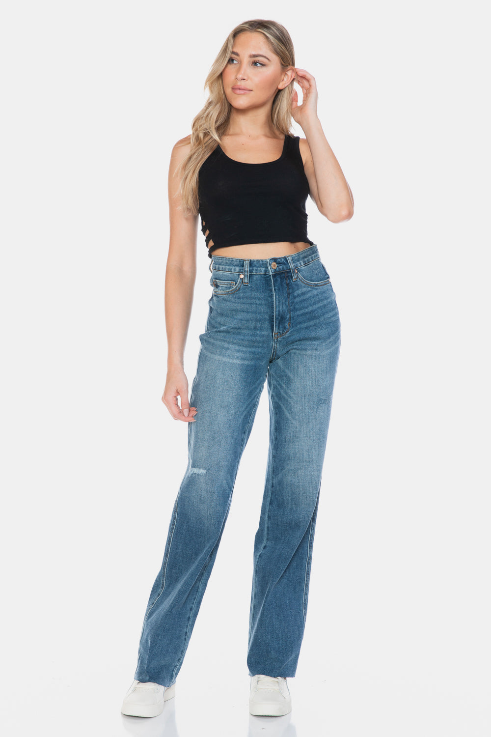 Judy Blue Women's High Waisted Tummy Control Straight Leg Jeans with Raw Hem - Comfortable Stretch Denim for Everyday Wear, Work & Casual Outings