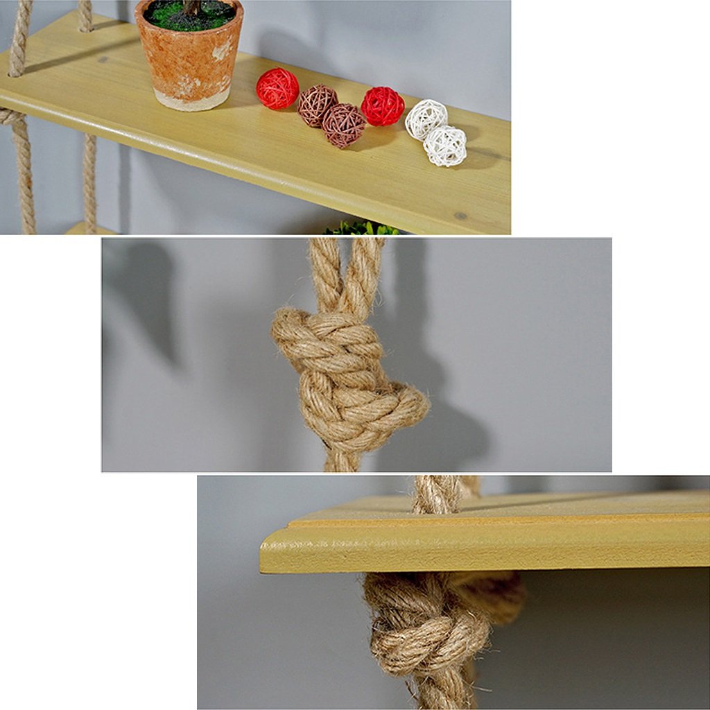 Floating Rope Swing Shelves - Natural Wood Wall Hanging Display Shelf with 3 Tiers for Home Decor | Perfect for Books, Photo Frames, Plants & CDs | Rustic Storage Solution for Living Room, Bedroom & Office