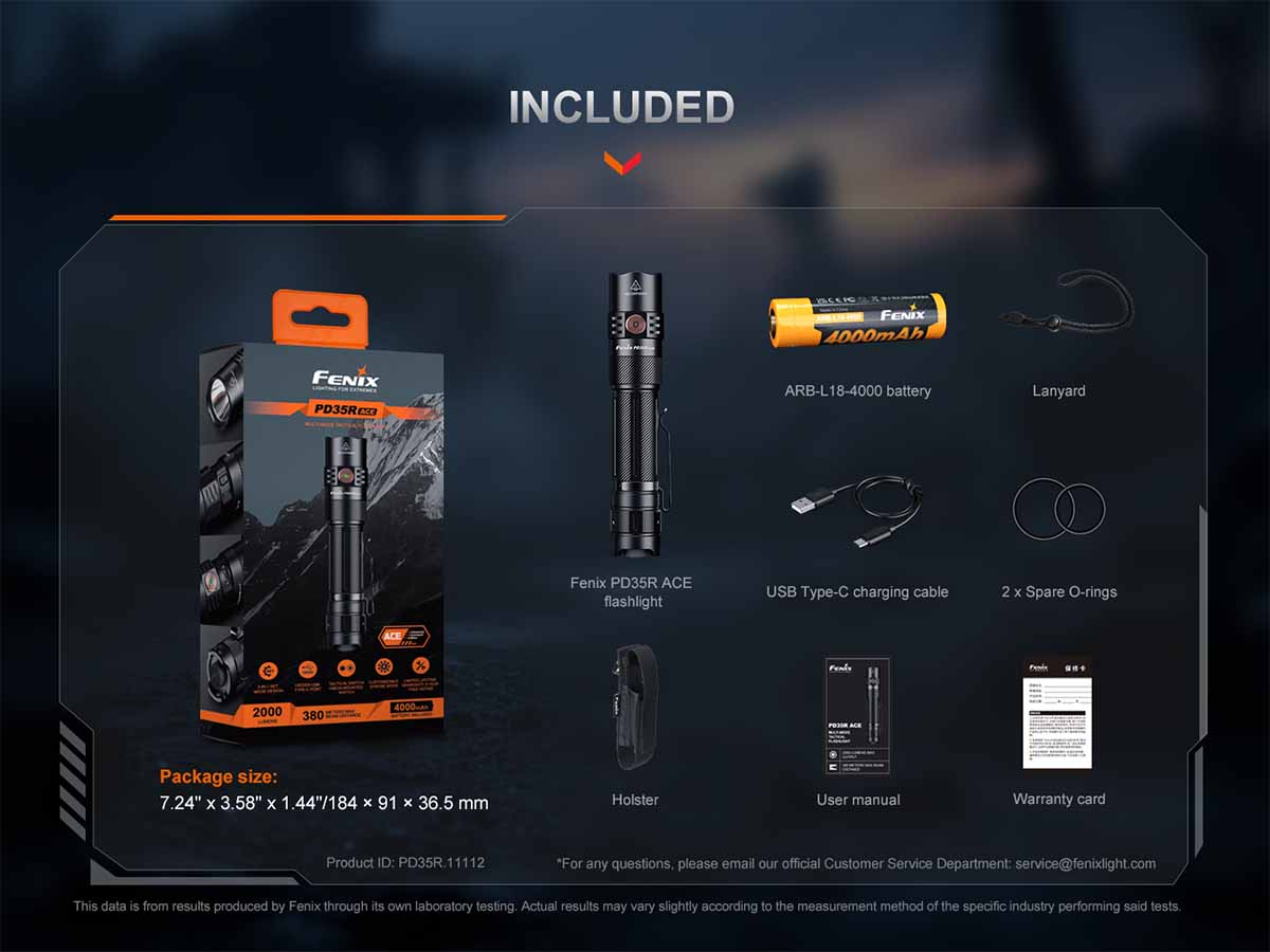 Fenix PD35R ACE Rechargeable Tactical Flashlight - 1600 Lumens, IP68 Waterproof, for Camping, Hiking, Emergency & Outdoor Adventures