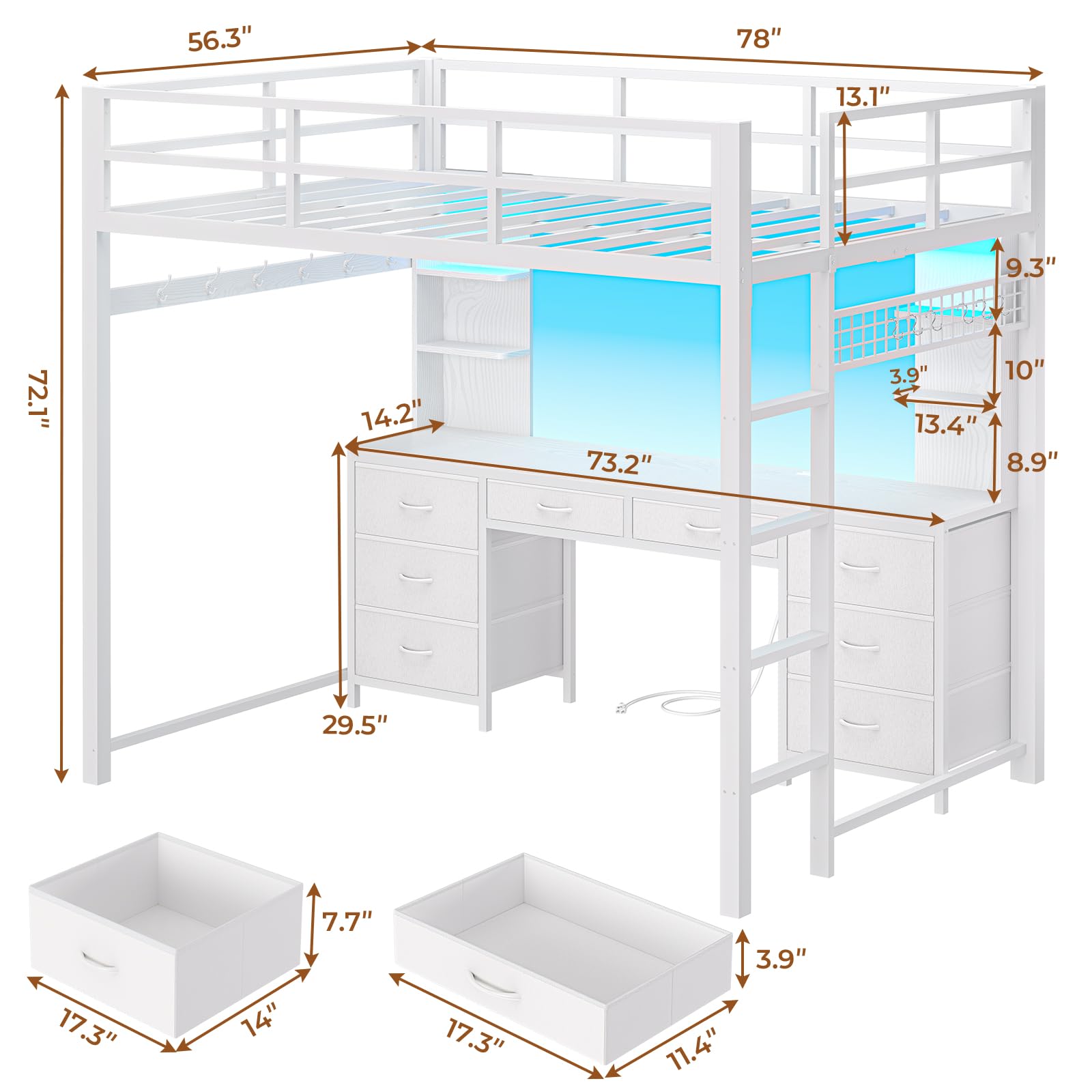 Full Metal Loft Bed with Desk & Storage - 8 Drawers, Charging Station, LED Lights & 4 Open Shelves | Noise-Free, Space-Saving Design | Perfect for Small Apartments, Dorm Rooms & Home Offices | No Box Spring Needed