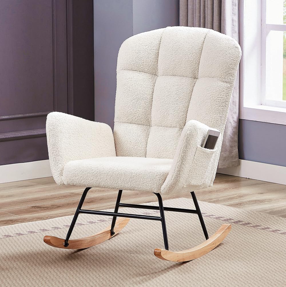 Comfortable Nursery Rocking Chair - Upholstered Glider Armchair with High Backrest for Living Room, Bedroom & Office | Cream White Teddy Fabric | Perfect for Nursing, Reading & Relaxing
