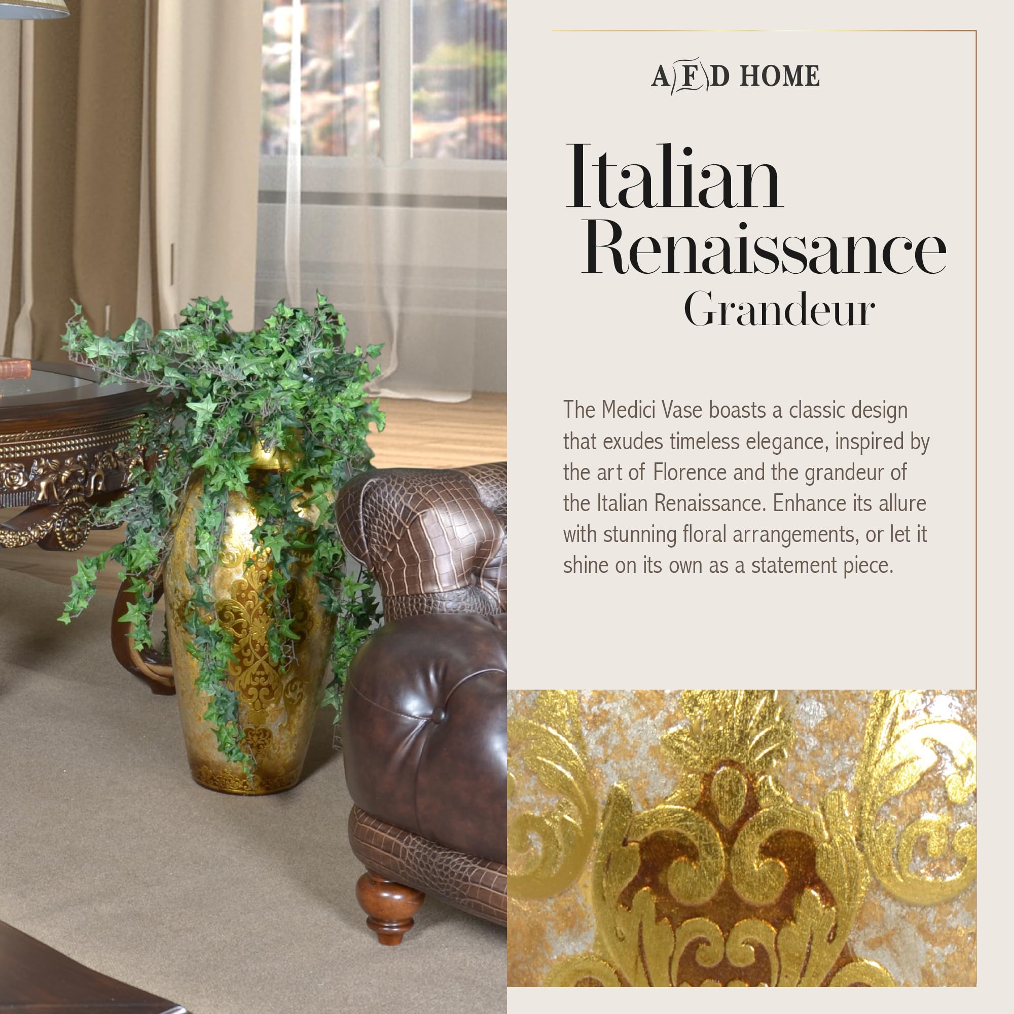 Medici Vase - Antique Style Tall Gold Flower Vase (11.61 x 24.40 Inches) for Home Decor, Wedding Centerpiece & Luxury Table Display