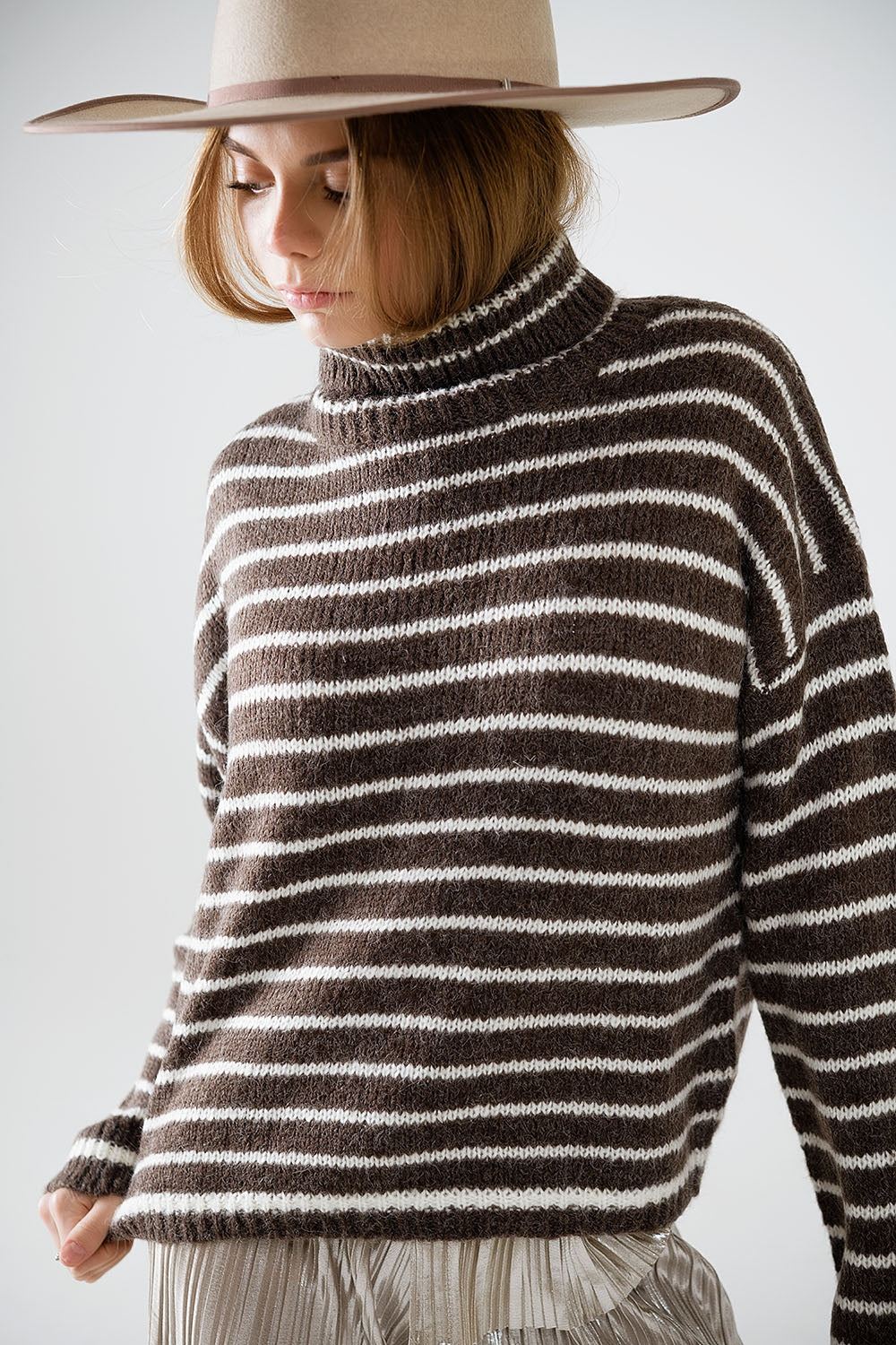 Brown Striped Roll Neck Soft Knit Pullover Sweater for Women - Cozy Winter Wear & Casual Outfits
