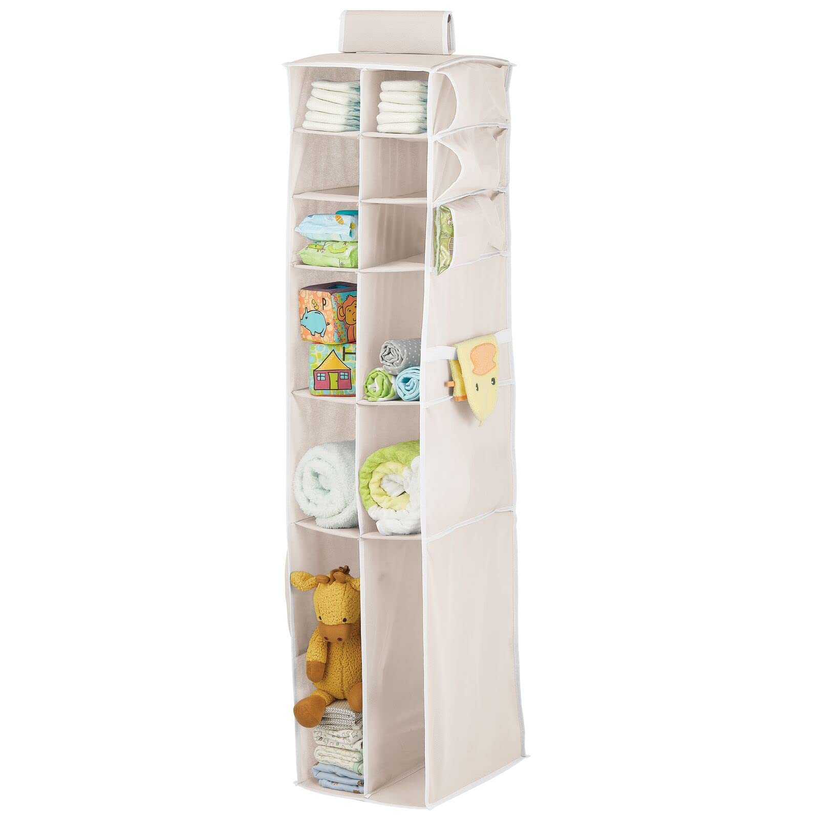 mDesign 12-Shelf Fabric Closet Organizer with Side Pockets - Soft Hanging Storage for Nursery, Kids Room | Perfect for Diapers, Wipes, Lotions & Toys (Cream/White) | Space-Saving Baby Closet & Nursery Organization Solution