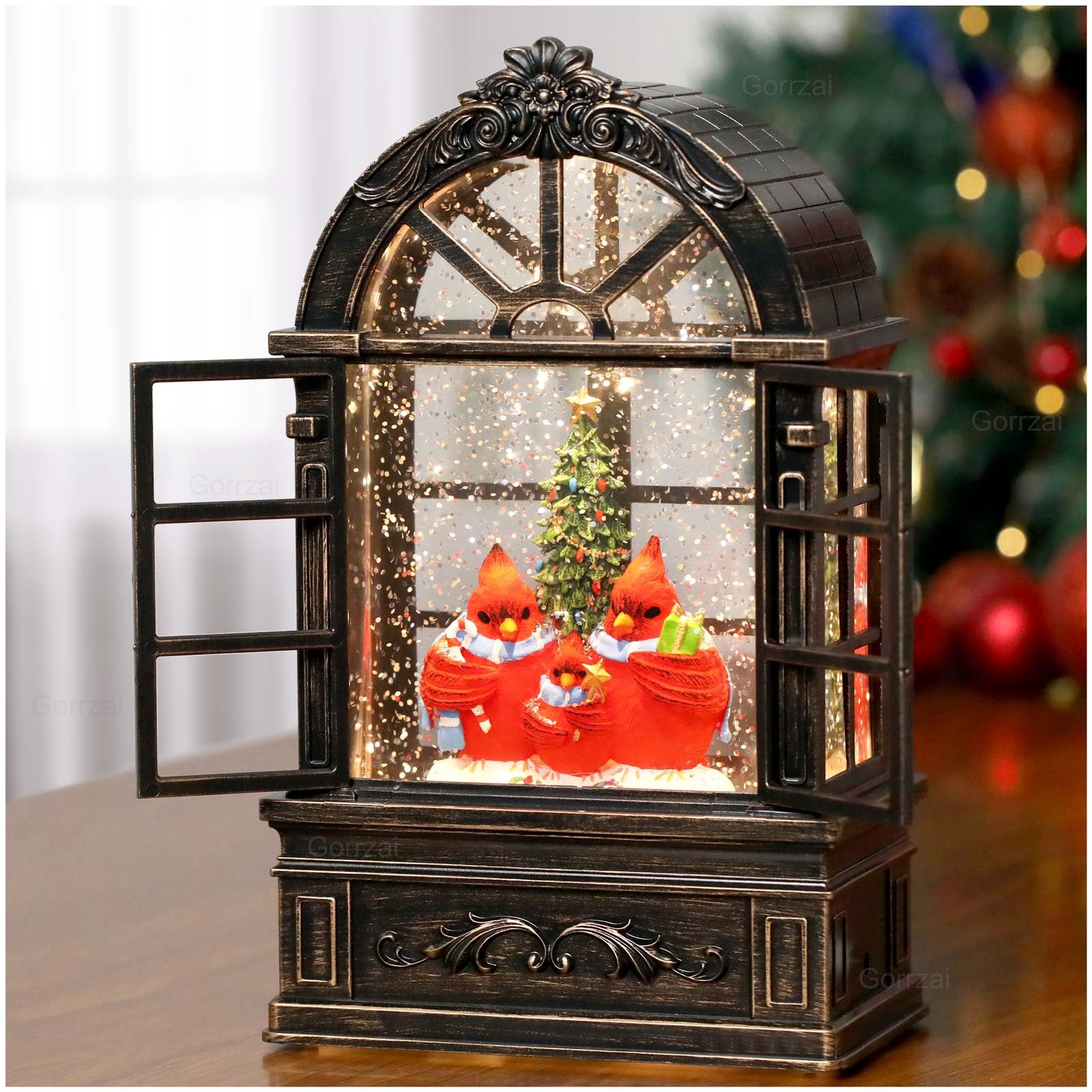 Cardinal Snow Globe with Arched Window - Christmas Decor with Timer & Music, USB/Battery Powered for Tree & Home - Perfect for Holiday Gifts & Family Decorations (Use for Mantel, Tabletop, or Office Display)