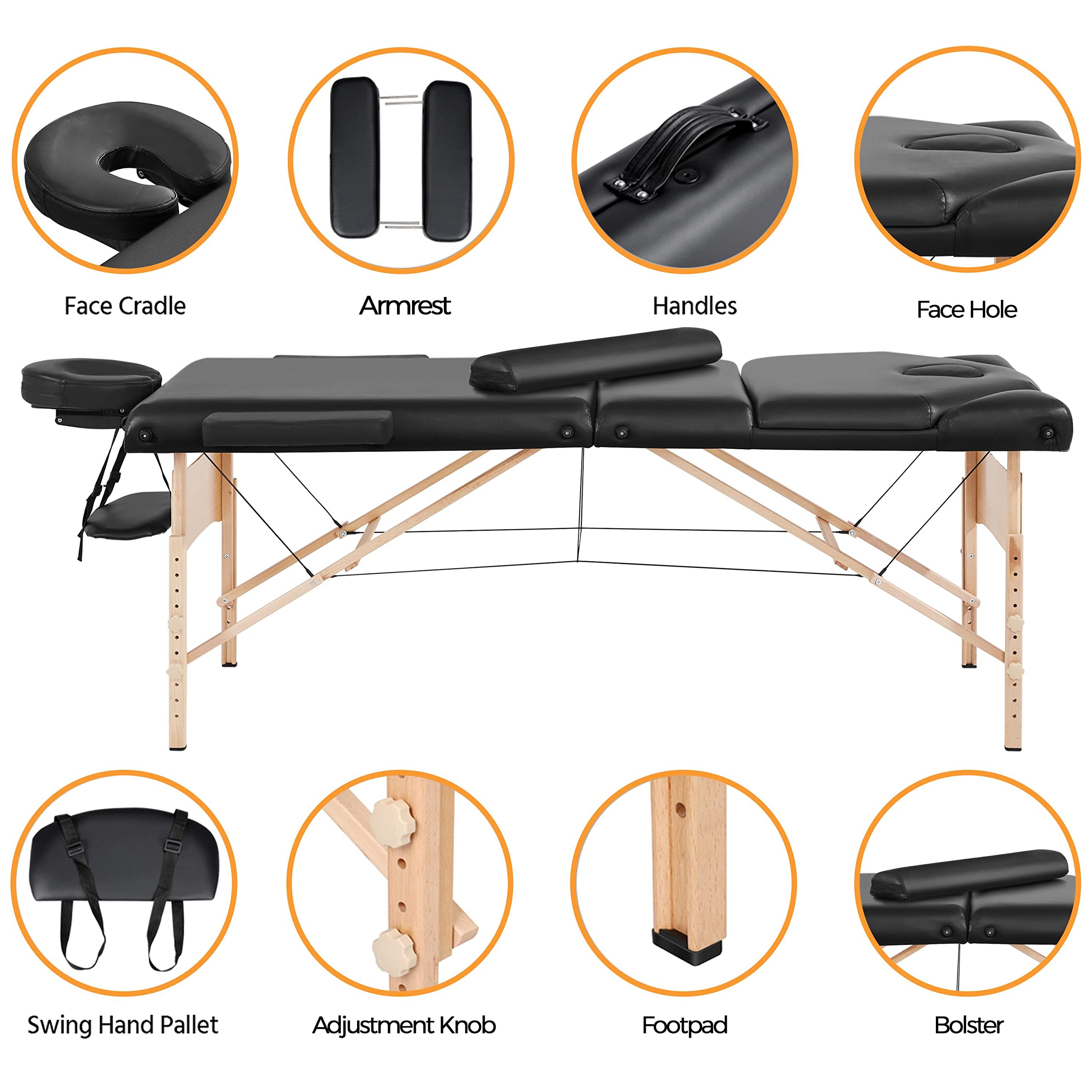 Yaheetech Portable Folding Massage Table - Professional Lash & Tattoo Bed with Adjustable Height, Bolster Pillow & Carrying Bag - Beauty Salon Facial Bed for Spa, Home Use (Black)