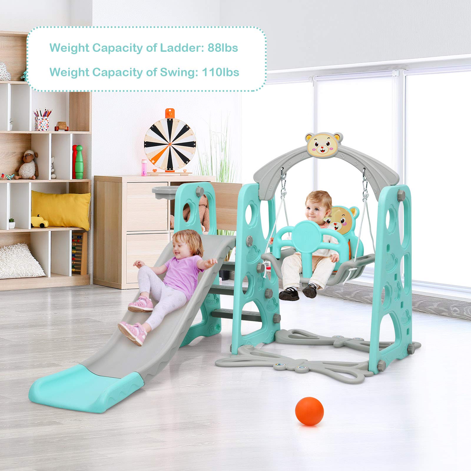Costzon 4-in-1 Toddler Slide & Swing Set - Indoor/Outdoor Baby Playset with Slide, Swing, Climber & Basketball Hoop | Fun Playground Equipment for 1+ Year Old Girls & Boys | Perfect for Backyards, Playrooms & Birthday Gifts