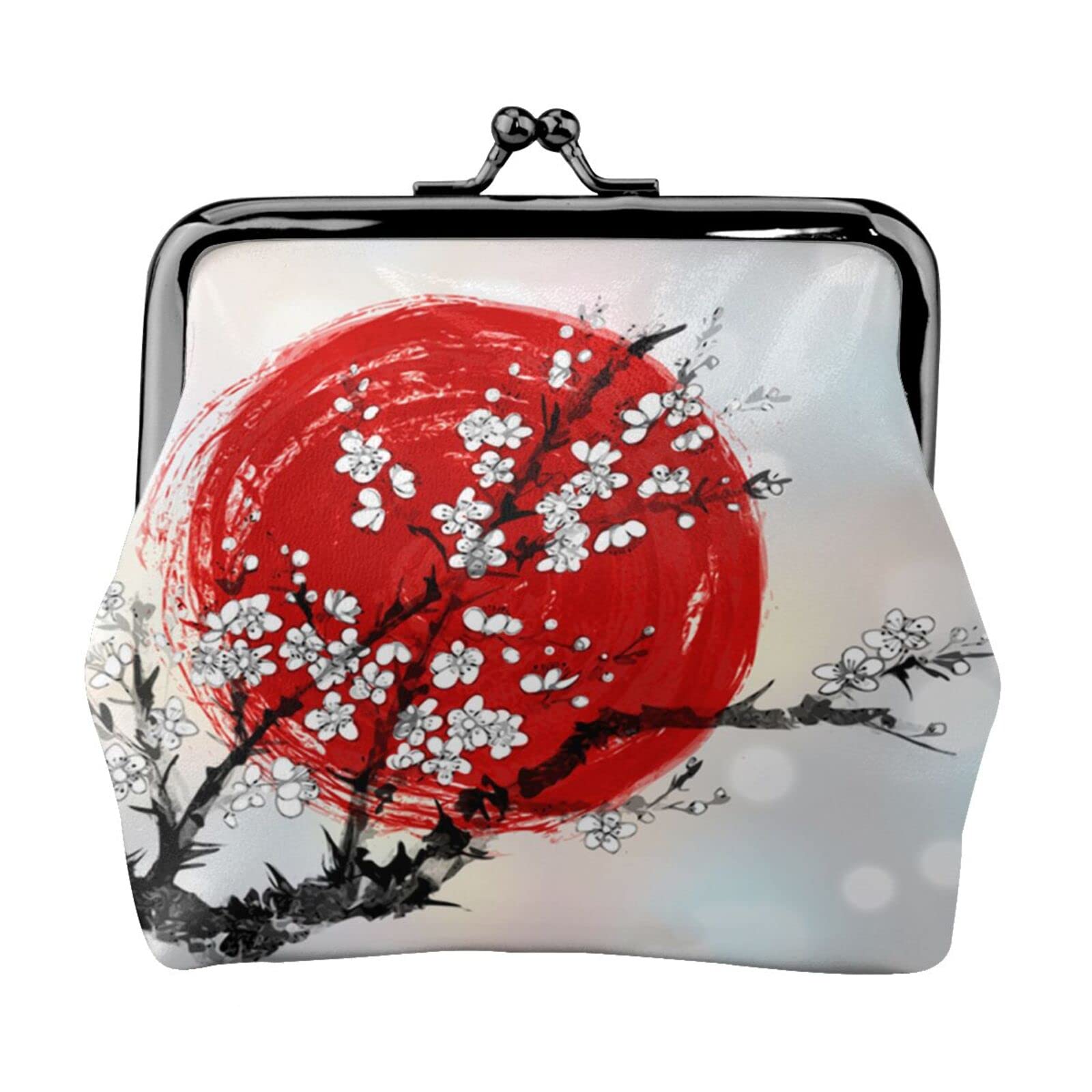 Japanese Style Pu Leather Kiss-Lock Coin Purse - Floral Blossom & Red Sun Design - Women's Small Wallet for Change and Coins | Perfect for Travel, Shopping, and Everyday Use