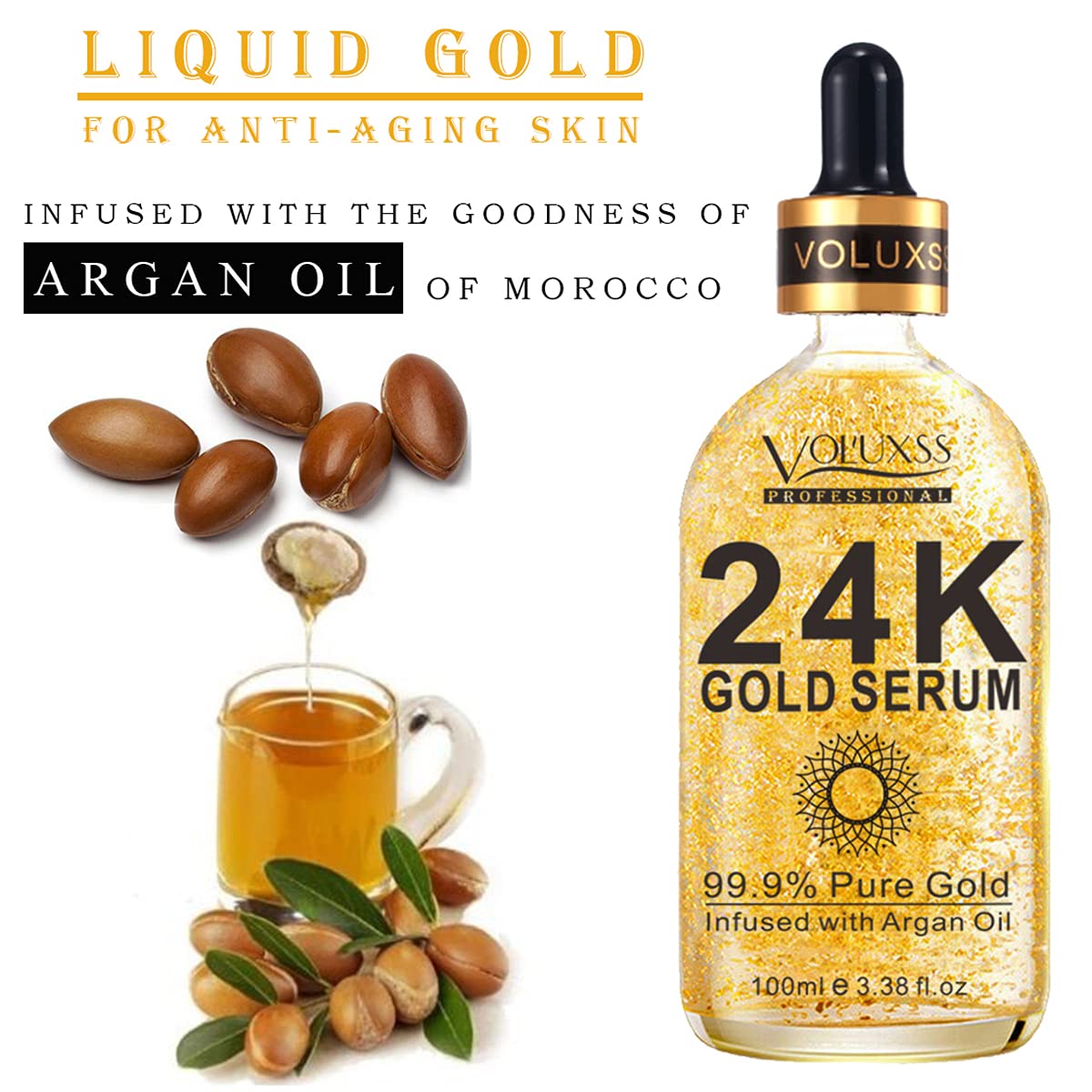 24K Gold Face Serum - Brightening & Anti-Aging Treatment with Vitamin C, Hyaluronic Acid & Argan Oil | Dark Spot Corrector, Fine Line Reducer | Korean Skincare Glow Booster | Perfect for Night Routine & Daily Hydration