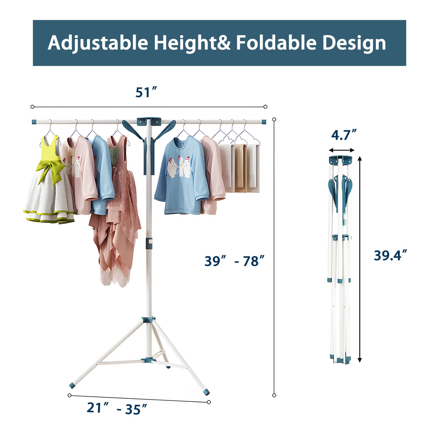 JAUREE Foldable Indoor Clothes Drying Rack - Portable Adjustable Height Laundry Rack with 20 Clips for Small Spaces | Perfect for Apartments, Dorms & Travel Use