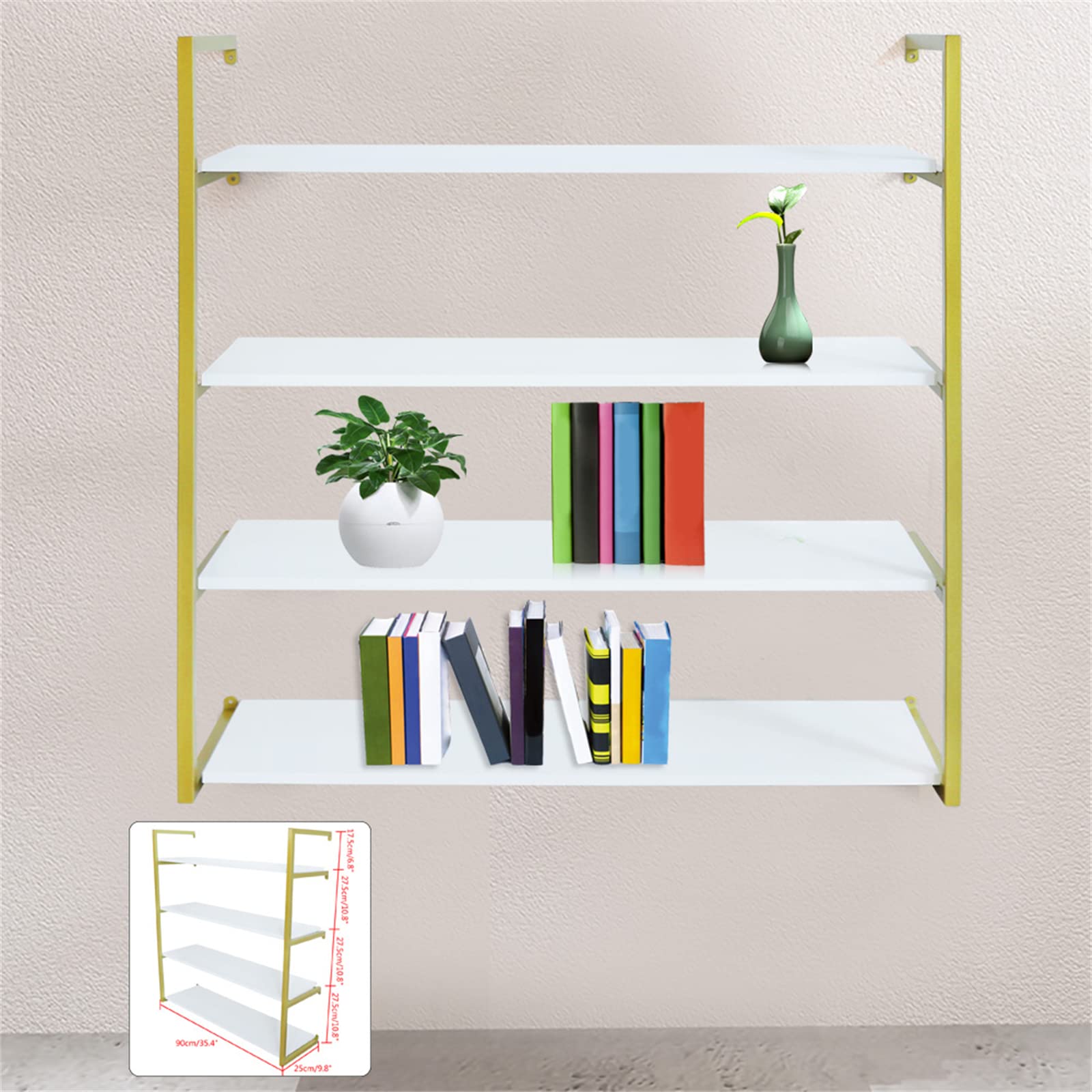 DYRABREST 4-Tier Floating Wall Shelves - Rustic Wood Wall Mounted Bookshelf for Living Room, Office, Bedroom - Gold Finish | Perfect for Home Decor, Book Storage & Displaying Decorative Items