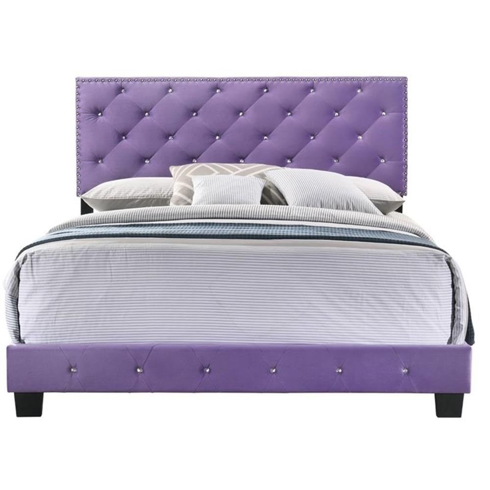 Glory Furniture Suffolk Velvet Upholstered Queen Bed Frame in Royal Purple - Luxurious Bedroom Centerpiece for Master Suite or Guest Room