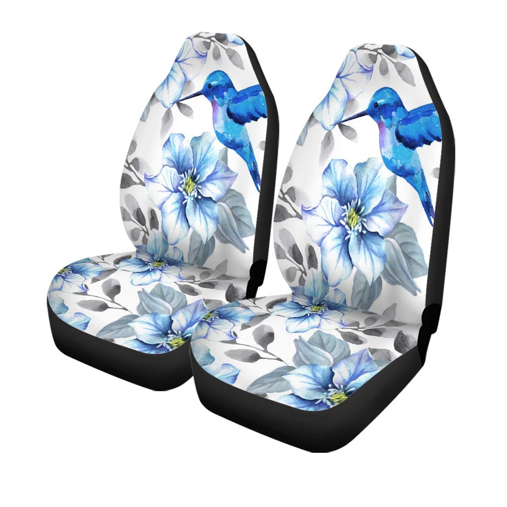 Pinbeam Universal Car Seat Covers Set of 2 - Blue Watercolor Leaf & Hummingbird Floral Pattern - Premium Auto Accessories Protectors for Cars, Trucks & SUVs | Perfect for Road Trips, Daily Commute & Interior Decor