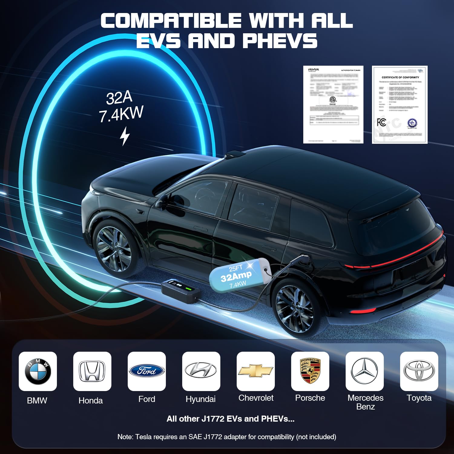 ETL Certified 32A 240V NEMA 14-50 Level 2 Portable EV Charger - 7.4KW J1772 Electric Vehicle Charger with 25FT Cable, Adjustable Current & Timer - Perfect for Home, Garage & Road Trips