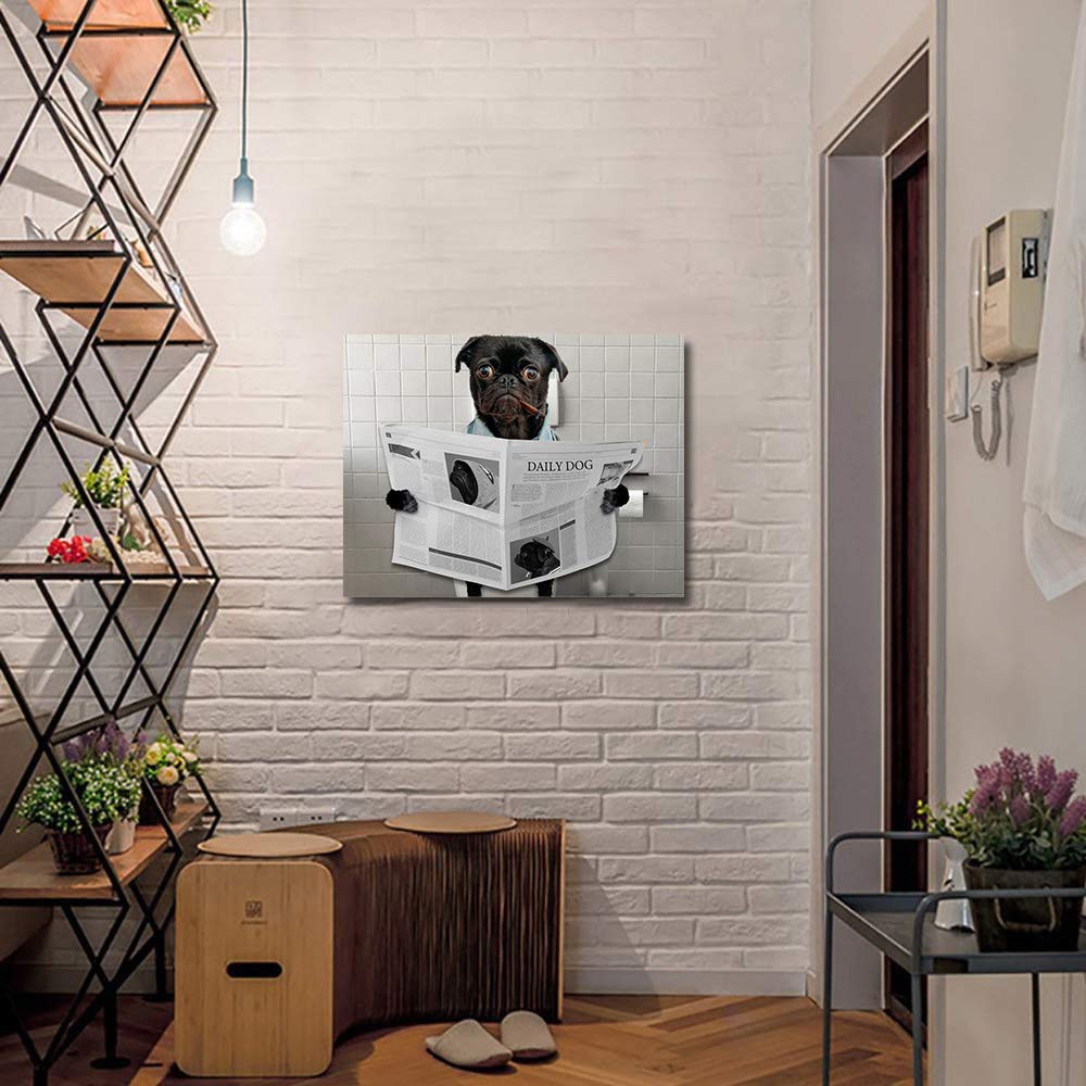 Funny Pug Dog Reading Newspaper Smoking Cigar Canvas Wall Art - Modern Bathroom Decor Oil Painting Print 12x16 Inch - Perfect for Nursery, Office, Living Room & Bedroom Decor | Humorous Toilet-Themed Gift Idea