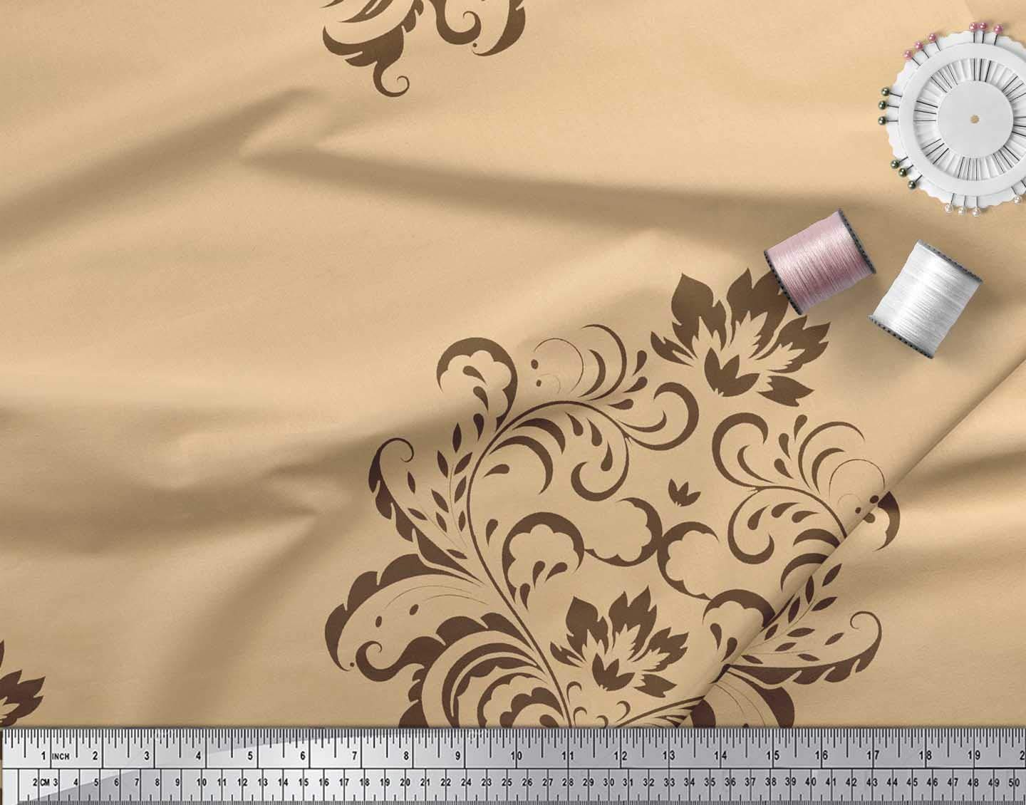 Soimoi Moss Georgette Brown Fabric by The Yard - 42 Inch Wide Ogee Damask Pattern - Classic Timeless Printed Fabric for Dresses, Curtains & Home Decor
