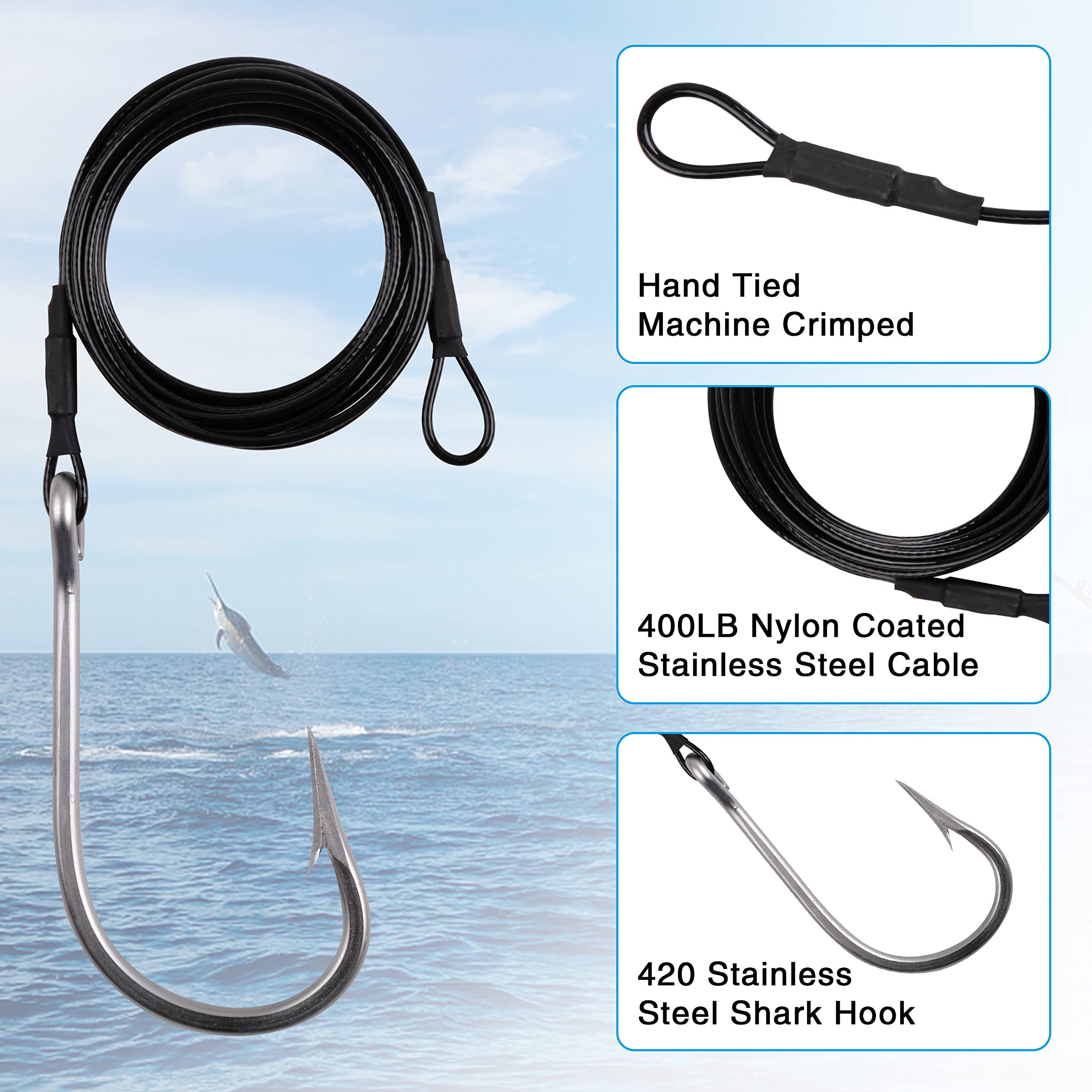 2pcs Surf Fishing Leader Rigs with Tuna Shark Hooks - Stainless Steel Cable Wire for Deep Sea Big Game Fishing (Shark/Tuna/Toothy Fish) - Perfect for Saltwater Surf Casting and Offshore Angling Adventures