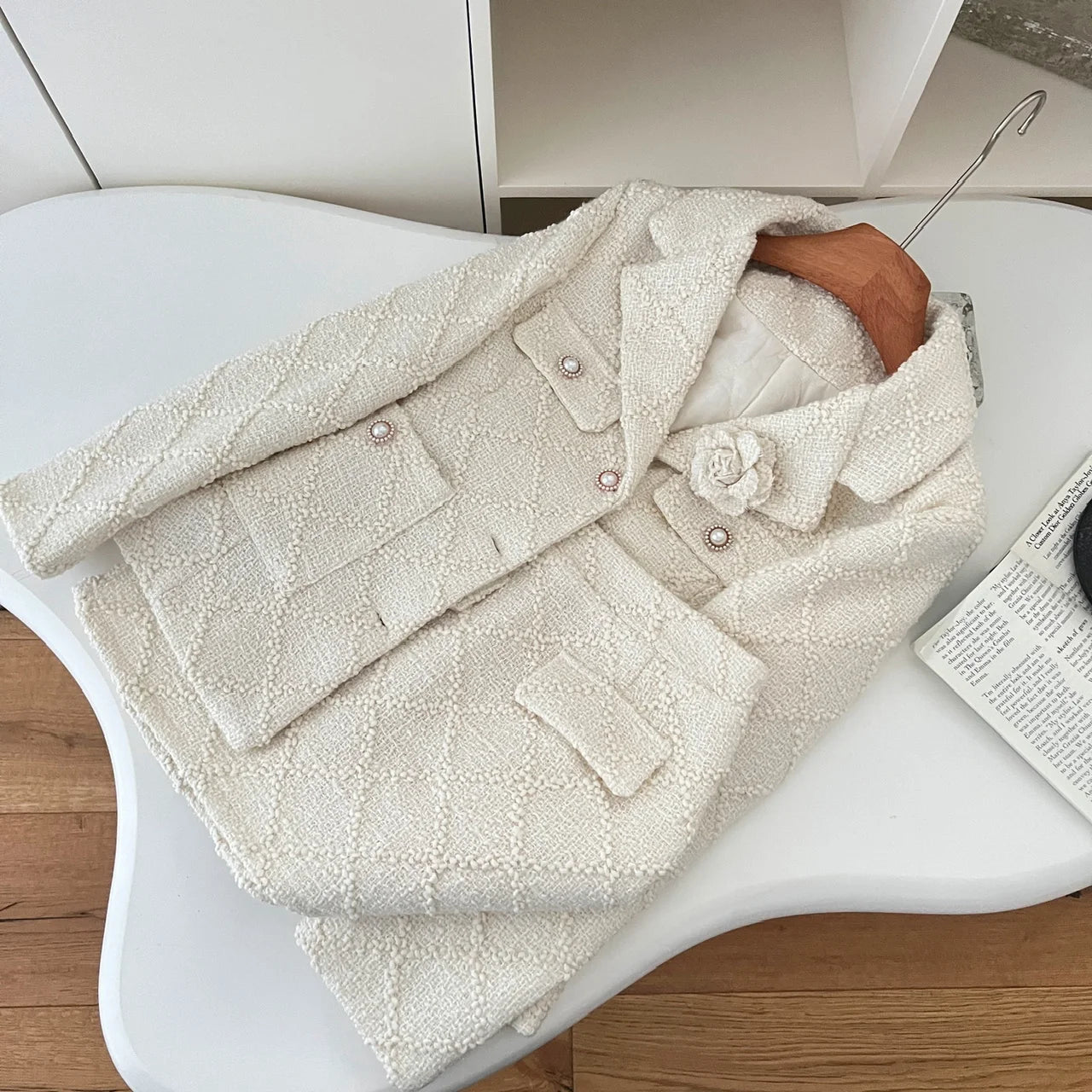 Vintage Women's Two Piece Set - Long Sleeve Single Breasted Beige Coat & High Waist Skirt | Fall Winter Fashion Outfit for Work, Date & Holiday Events