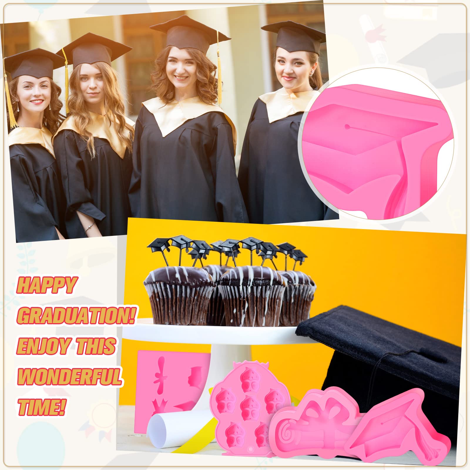 4 Pack Graduation Silicone Molds Set - Owl, Diploma Scroll & Grad Cap Candy Molds for Fondant, Cake Toppers - Perfect for Graduation Parties, Teacher Gifts & DIY Dessert Decorations
