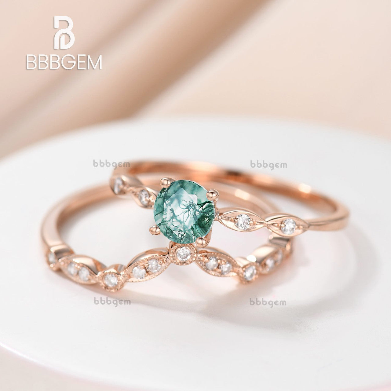 Natural Moss Agate Ring for Women - Rose Gold Diamond Wedding Band, Bridal Jewelry, Engagement Ring - Perfect for Weddings, Anniversaries & Special Occasions