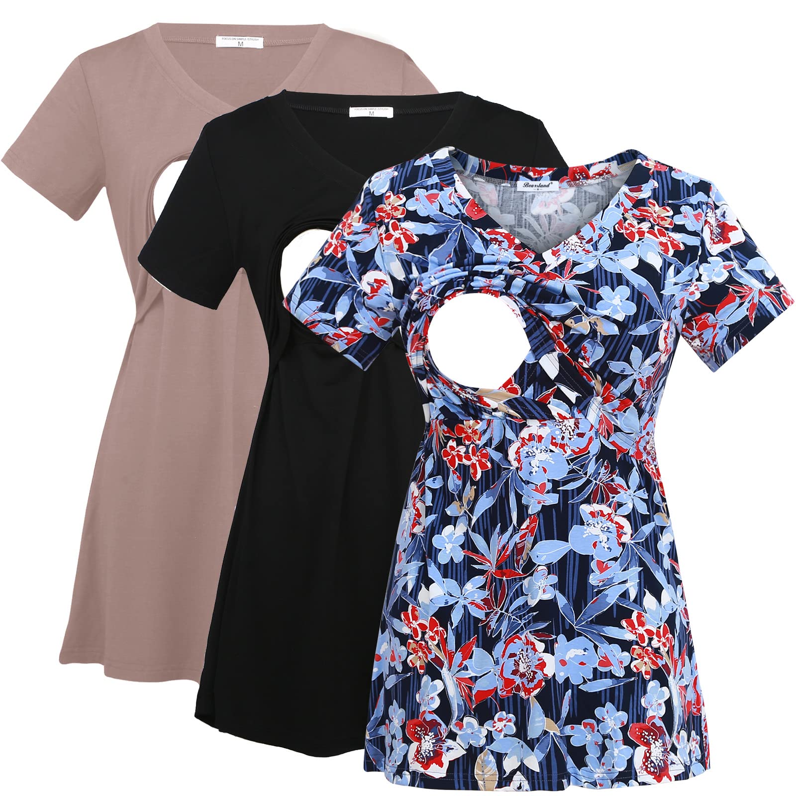 Bearsland Women's 3-Pack V-Neck Nursing Tops - Soft Maternity Breastfeeding Tee Shirts for Comfortable Nursing & Pumping | Perfect for New Moms, Hospital Visits & Everyday Wear