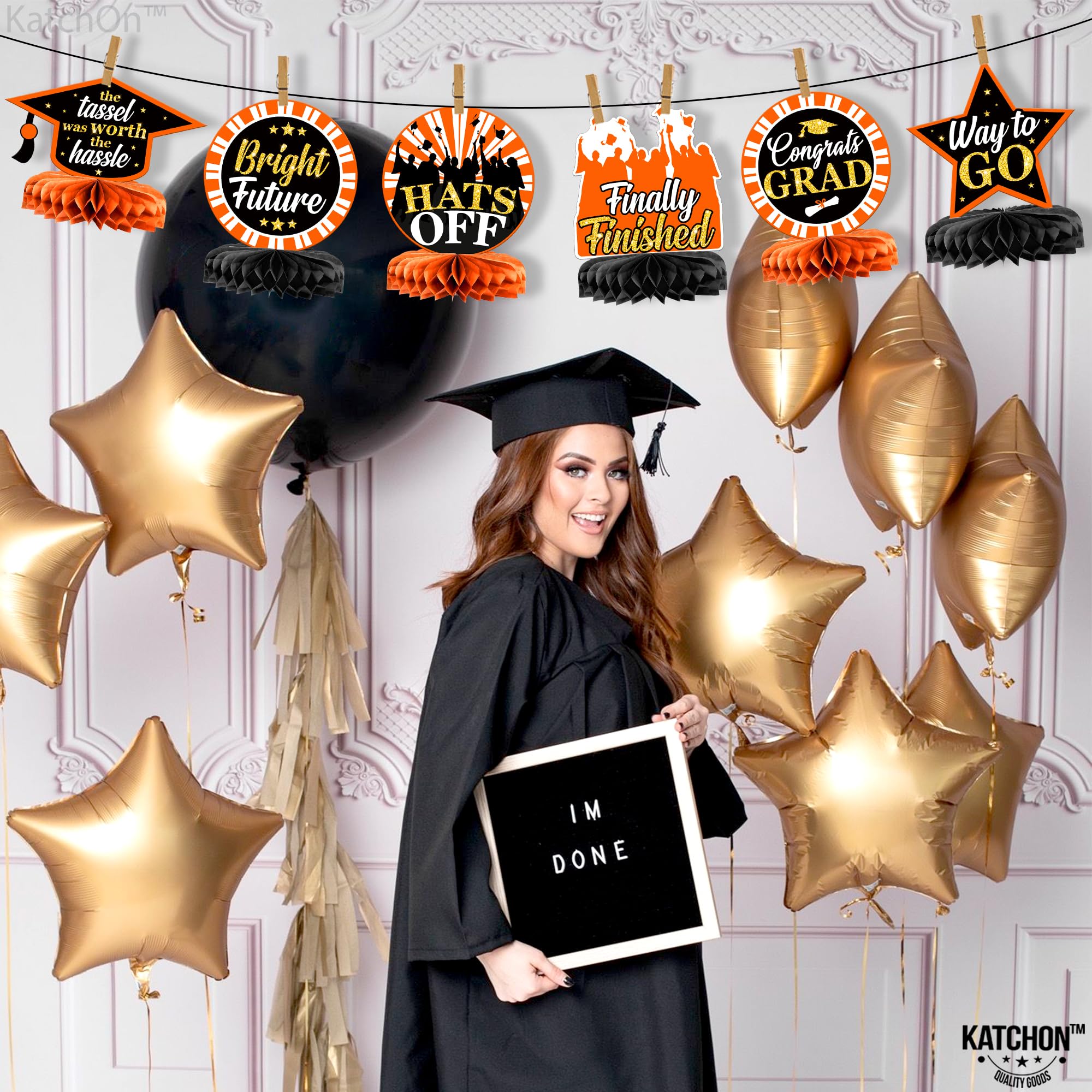 KatchOn Orange and Black Graduation Table Centerpieces - Pack of 9 | Class of 2025 Graduation Decorations | Perfect for Graduation Parties, Banquets & School Events