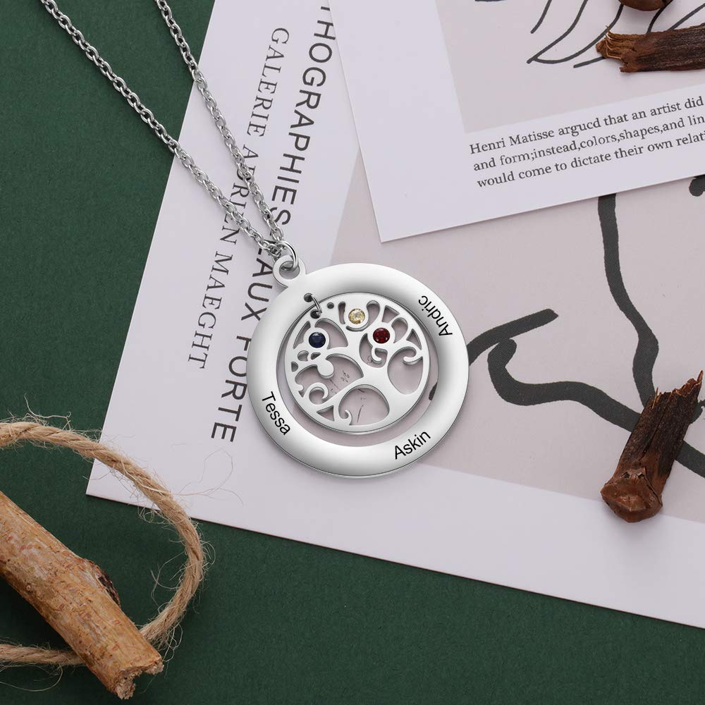 Personalized Tree of Life Necklace for Women - Custom Mother & Grandmother Jewelry with 2-9 Simulated Birthstones & Engraved Names - Meaningful Gift for Mom, Birthday, Anniversary & Mother's Day - Perfect for Family Reunions, Special Occasions & Everyday Wear