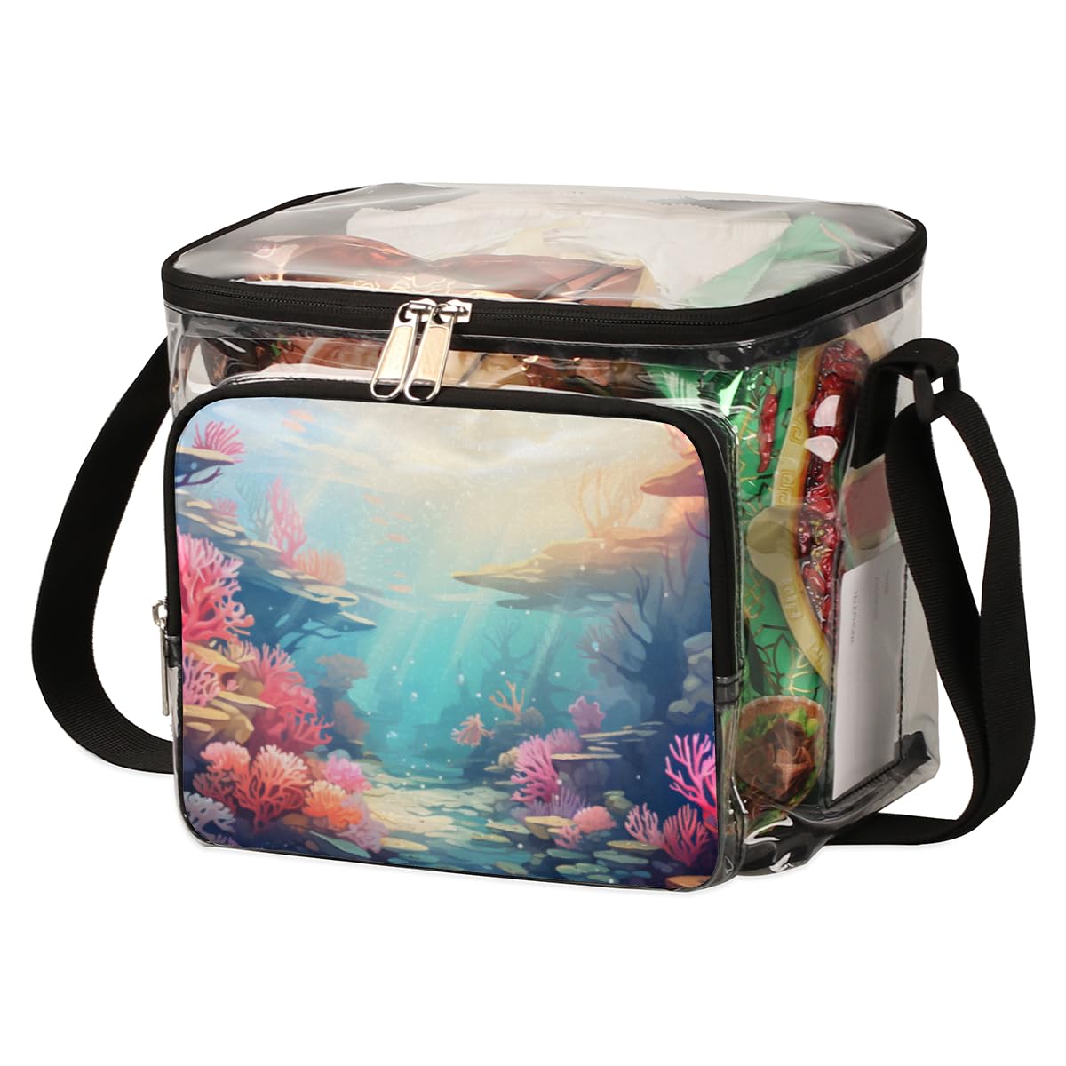 GzLeyigou Clear Transparent Tote Bag with Handles - Underwater World Seaweed Print Crossbody Shoulder Bag for Lunch, Beach, Travel, Picnic, Concerts & Sports Events - Stadium Approved Waterproof Marine Coral Design (Perfect for Outdoor Activities, Shopping & Theme Park Visits)