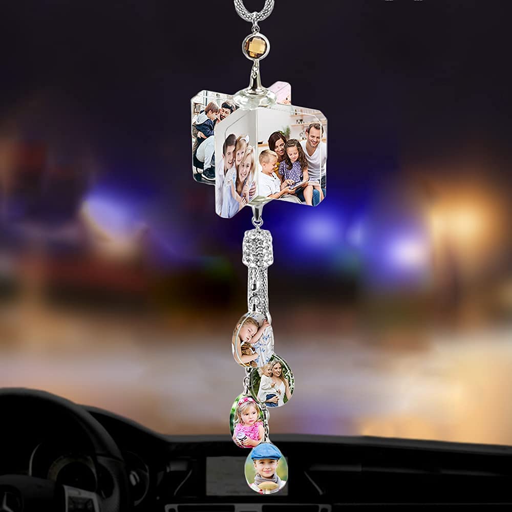 Custom 8 Photo Crystal Car Mirror Hanging Ornament - Personalized Rearview Mirror Charm Decor for Women, Perfect Gift for Love, Family & Friends | Car Accessories for Valentine's Day, Anniversary & Special Occasions
