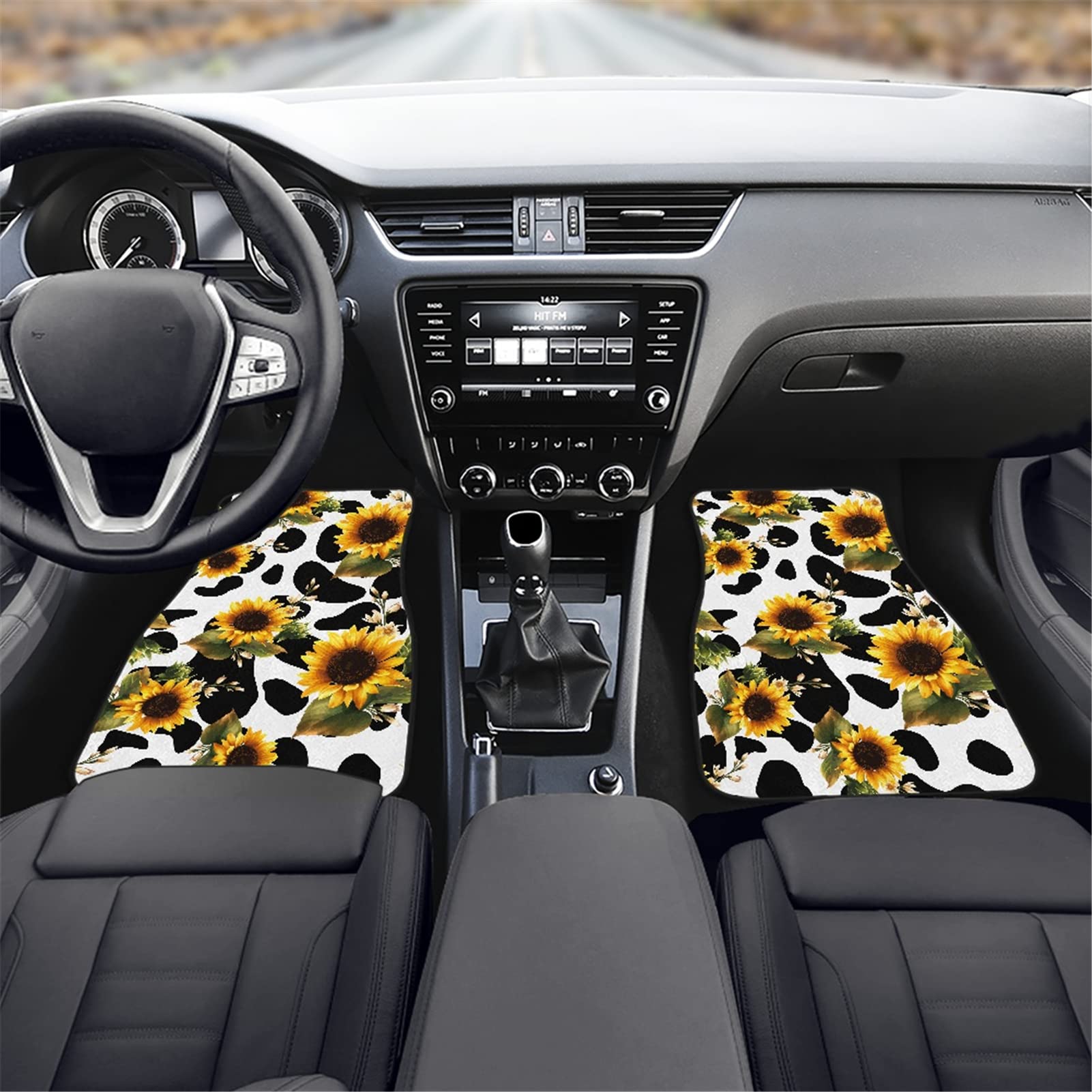 JEOCODY Sunflower & Cow Print Car Floor Mats - 4-Piece Set, Non-Slip Heavy Duty Dustproof Automotive Accessories for Sedans, SUVs & Trucks | Perfect for Road Trips & Everyday Commute