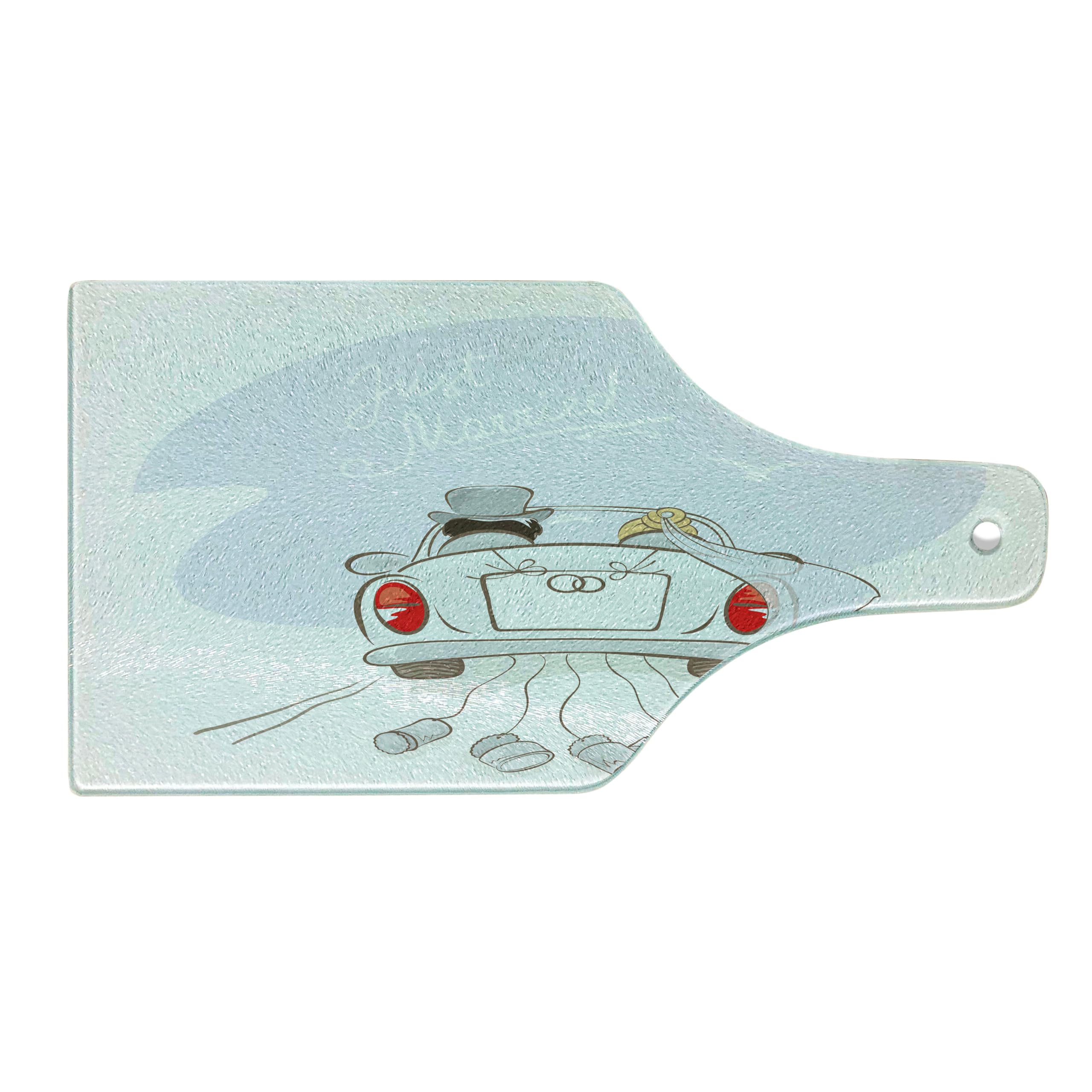 Ambesonne Wedding Cutting Board - Just Married Retro Design with Bride & Groom in Car - Tempered Glass Serving Board for Wine & Cheese - Perfect for Bridal Showers, Anniversaries & Newlywed Gifts (Silver, Red, White)