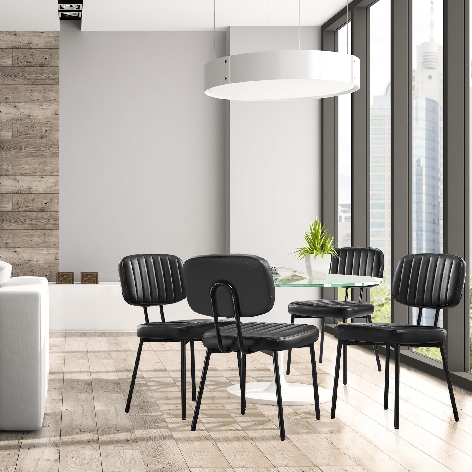 Sweetcrispy Mid Century Modern Dining Chairs Set of 4 - Upholstered Faux Leather Seat & Metal Legs Accent Chairs for Kitchen, Dining Room, Living Room - Black - Perfect for Modern Home Decor, Dinner Parties & Cozy Gatherings