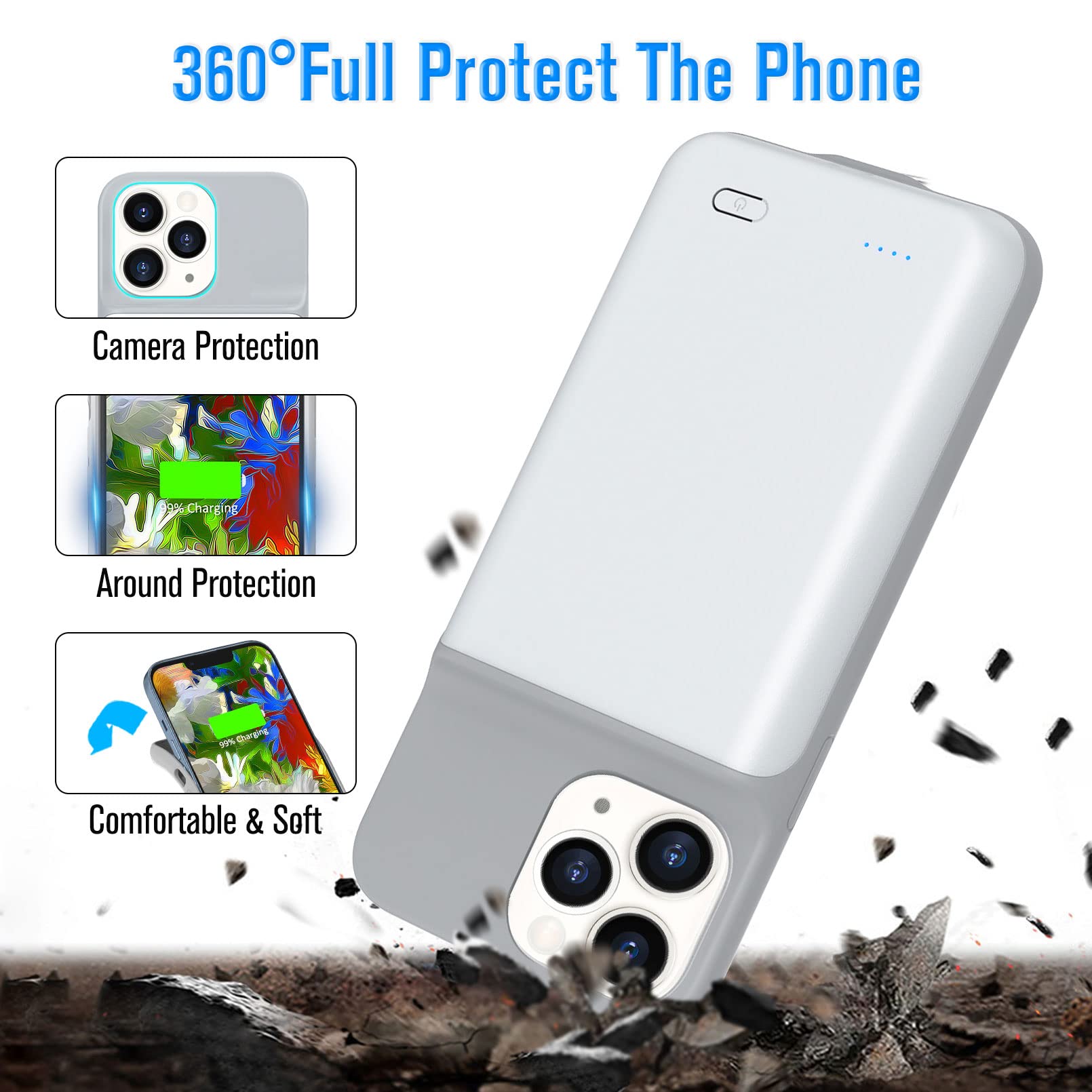 Gladgogo 7000mAh Ultra Slim Rechargeable Battery Case for iPhone 12 Pro Max (6.7 inch) - Lightweight Extended Battery Pack & Protective Charger Cover - Perfect for Travel, Work & Outdoor Activities - White